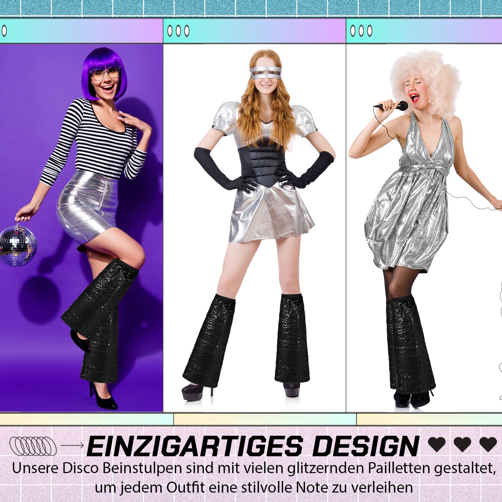 BIBITI Abba-kostuum voor dames, 1 paar, zilver glitter, discobal, kostuum, disco pailletten, laarzen, carnaval, metallic zilveren hippie boots jaren '70 outfit, broek, beenwarmers, glitter voor