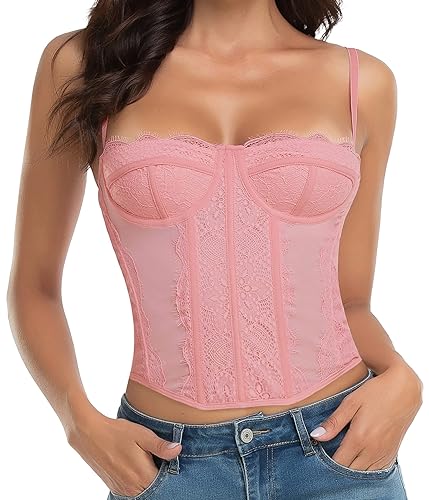 Raxnode Corsé de encaje para mujer, sexy, para salir, fiesta, club, con hebilla - Rosado - S