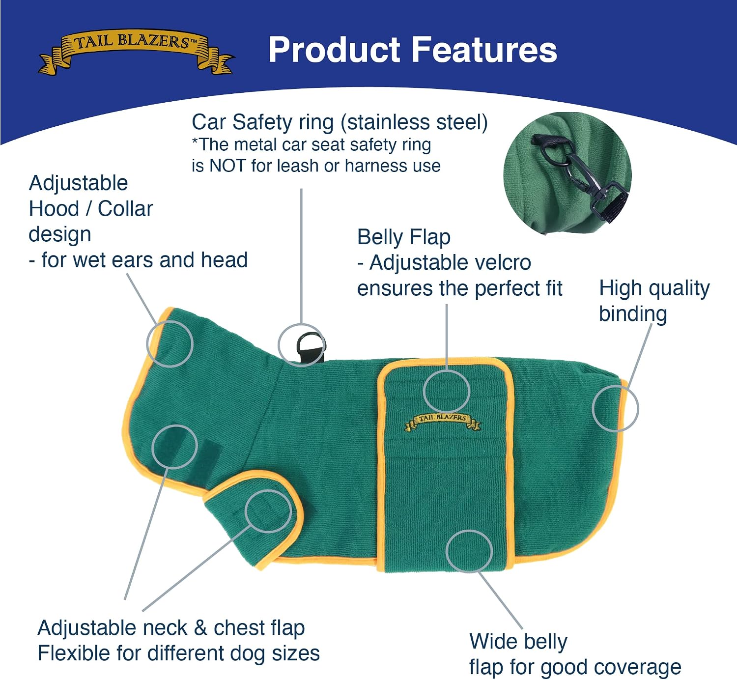 TAIL BLAZERS™ Super Absorbent Dog Drying Coat. Double Layer Microfibre Dry Robe with Car Safety D Ring. Towel Robe Pet Dryer Keep Dogs Dry and Warm. Camping and Beach Accessories. Machine Washable. S - Image 3