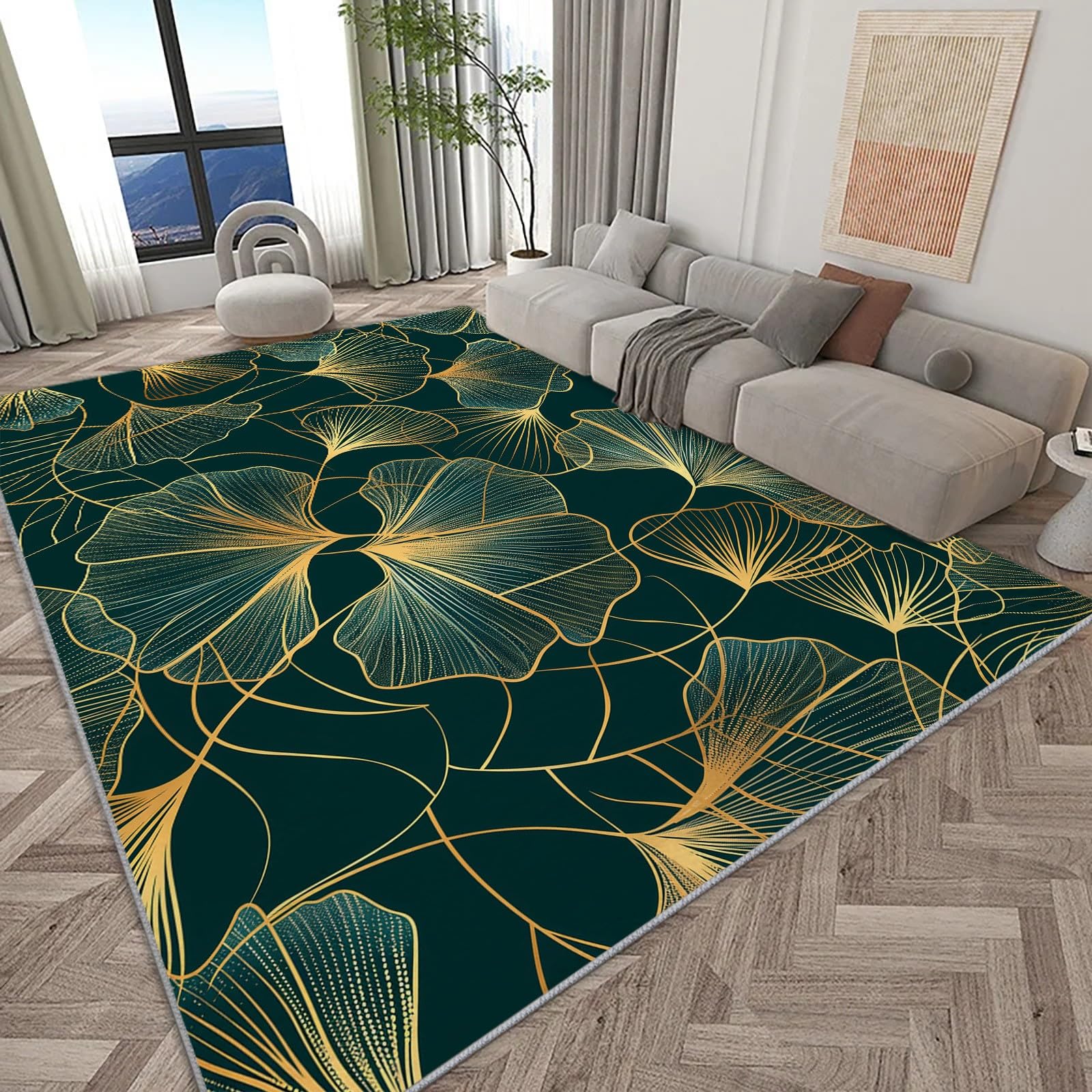 Tapis de Salon Lavable 180 x 240 cm Feuille de Ginkgo Botanique Abstraite, Tapis Antidérapant à Poils Ras Vert Foncé - Moquette Décoration de Sol Douce et Pliable pour Chambre Bureau Chambre d'enfant