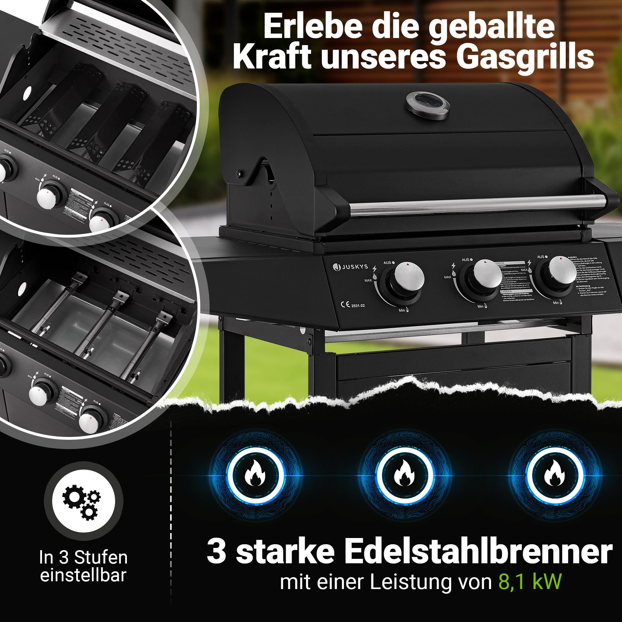 Juskys Gasgrill Louisiana 3 Brenner 8,1 kW – BBQ Grillwagen mit Deckel, Grillrost & Warmhalterost, Grill mit Thermometer, Seitenablagen & Abdeckplane