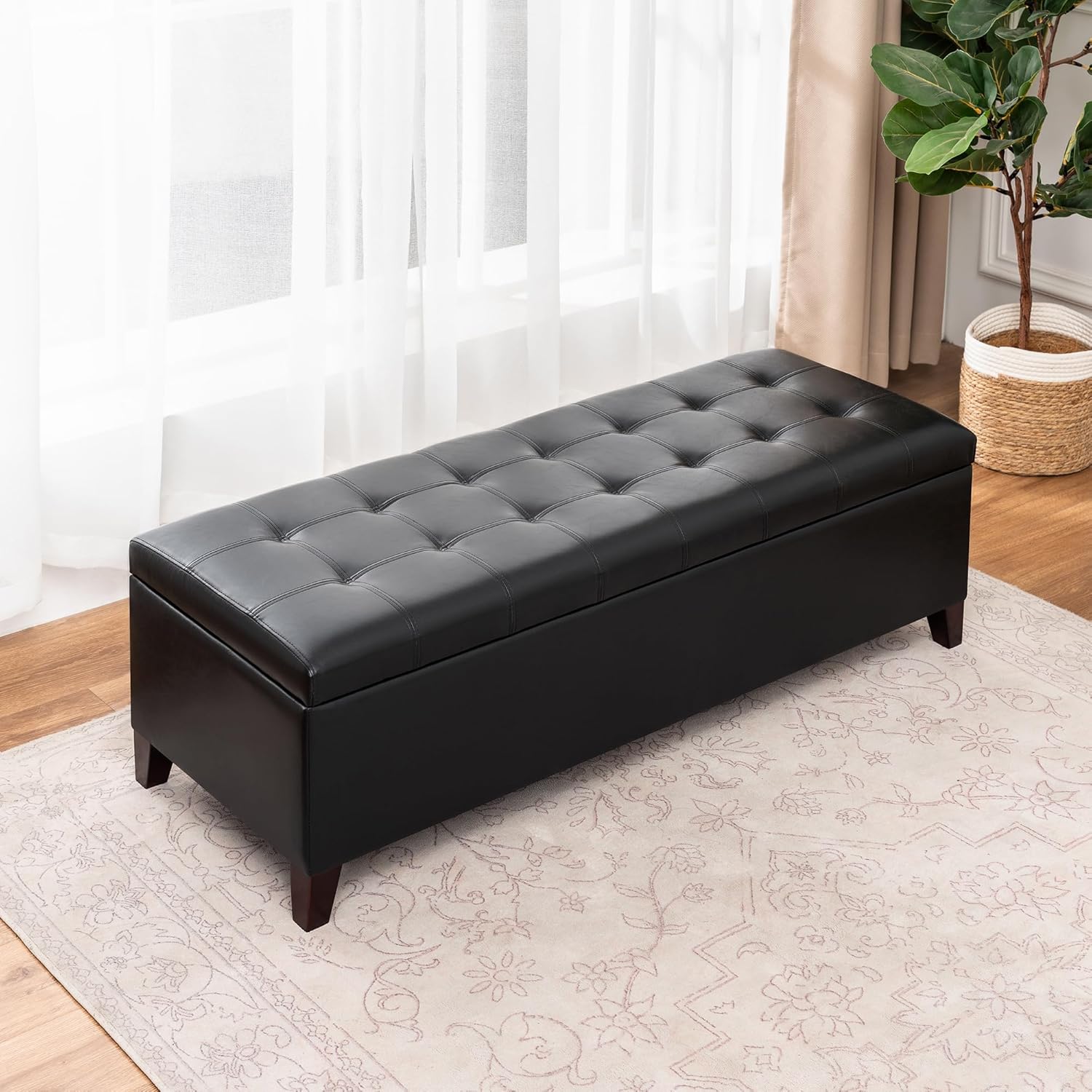 Ottoman with Storage, 51 Inch End of Bed Storage Ottoman Bench, Faux Leather Upholstered Ottomans with Hinged Lid, Rectangle Long Foot Rest Bench for Entryway Living Room Bedroom Black - Image 5