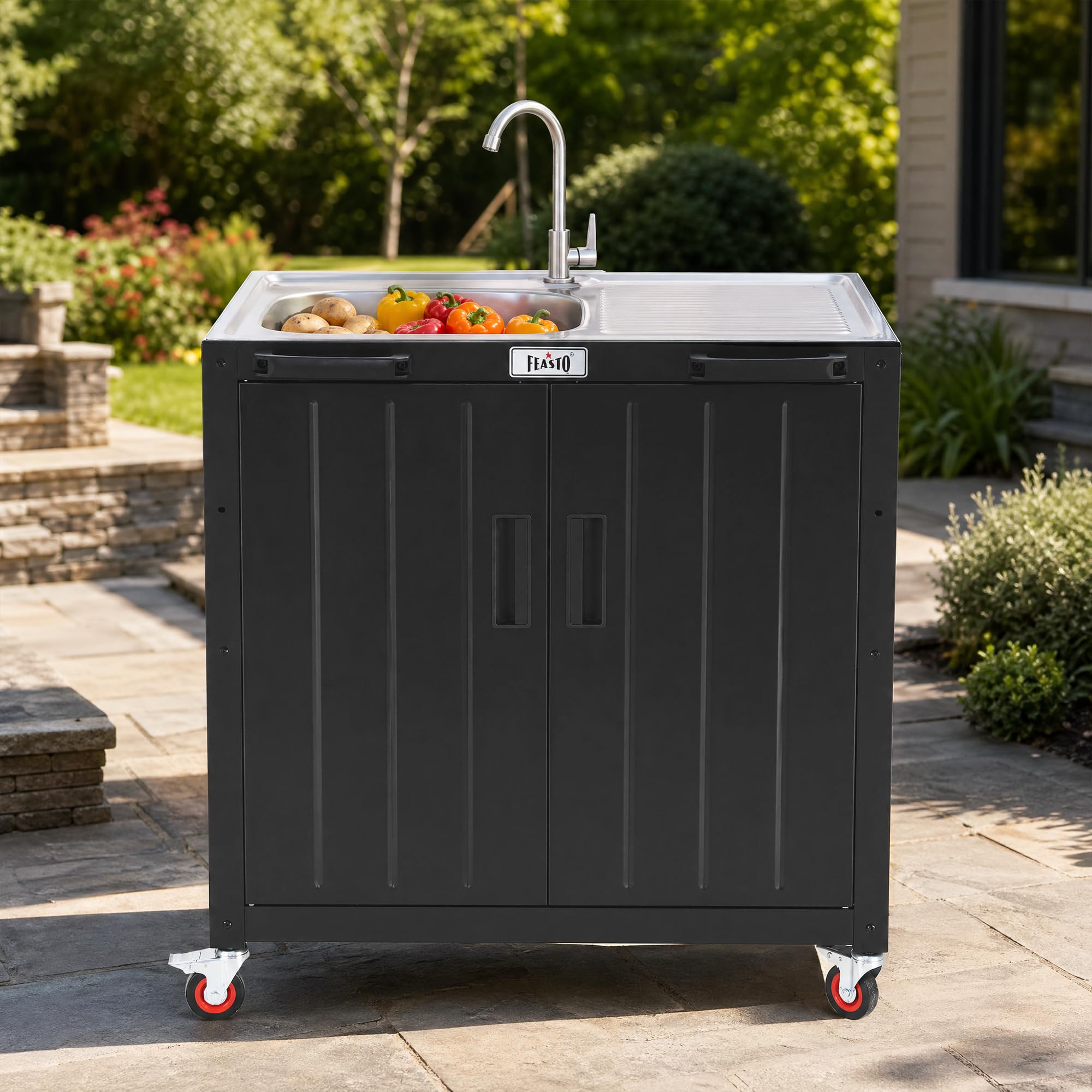 Outdoor Küche Spüle mit unterschrank Ausgussbecken Spülbecken | 89,5x65x120 cm Outdoor Grillwagen mit freistehendem Spülbecken, Schrank, Edelstahlplatte, für Außenküche, Gastro, Garage