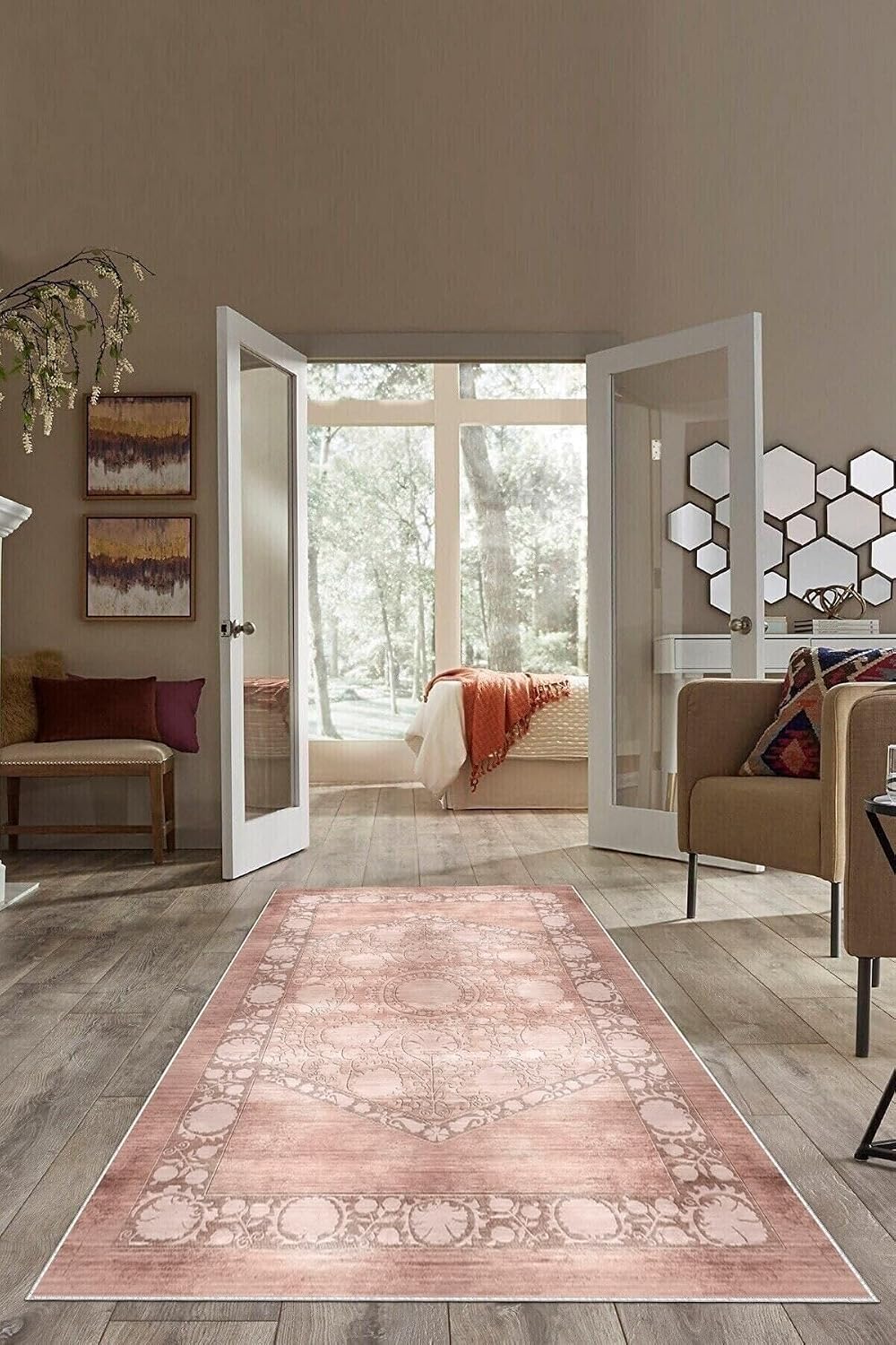 Pelangi Kahverengi Zemin Osmanlı Desenli Yıkanabilir Kaymaz Taban Leke Tutmaz Modern Salon Halısı Ve Yolluk, Kahverengi 100 x 150, 7457123210015005