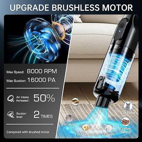 Miniatura 3 de Aspiradora de mano inalámbrica, aspiradora de automóvil con potente succión de 16000 Pa, ligera de 1.3 libras, carga tipo C, múltiples accesorios,