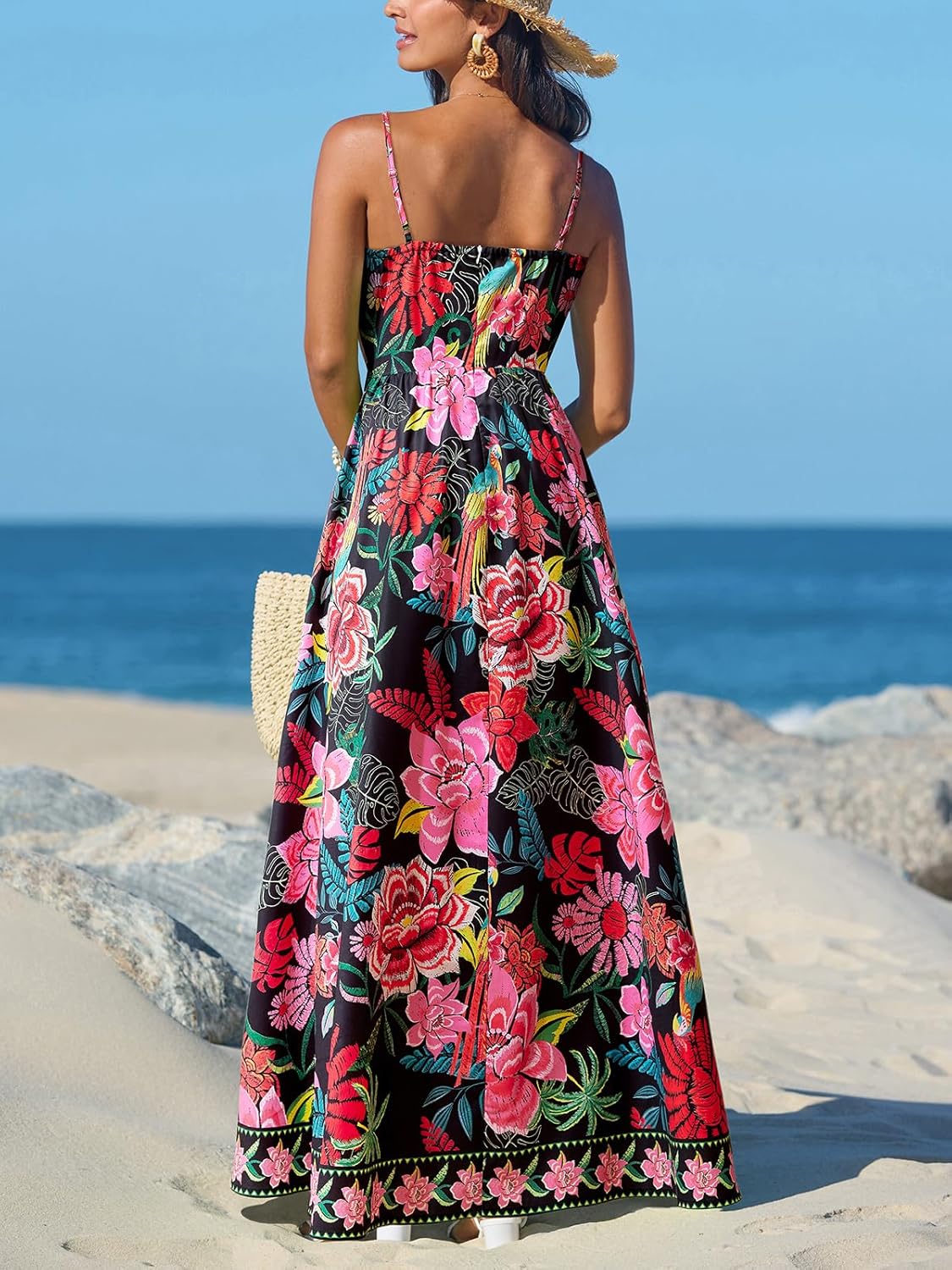 CUPSHE Women's Summer Dresses Casual Spring V Neck Sleeveless Floral Beach Vacation Long Spaghetti Strap Flowy Maxi Dress - Image 3