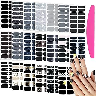 SILPECWEE 20 Sheets Black Style Nail Wraps for Women Stick on Nail Polish Strips Glitter Solid Color Self Adhesive Nail Polish Stickers Fingernail Manicure Sticker Nail Art with 1pc Nail File