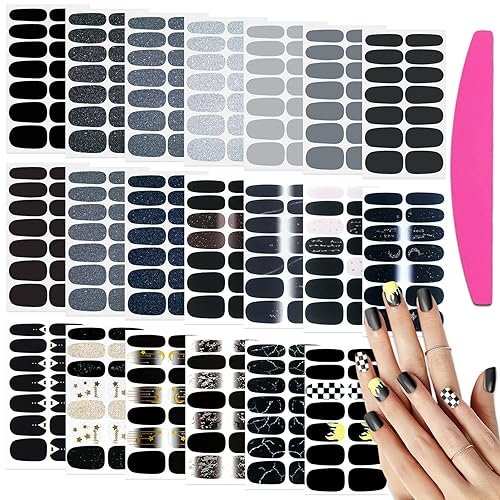 Miniatura 1 de SILPECWEE 16 hojas de envolturas de uñas de estilo negro para mujer tiras de esmalte de uñas adhesivas con purpurina de color sólido calcomanías de