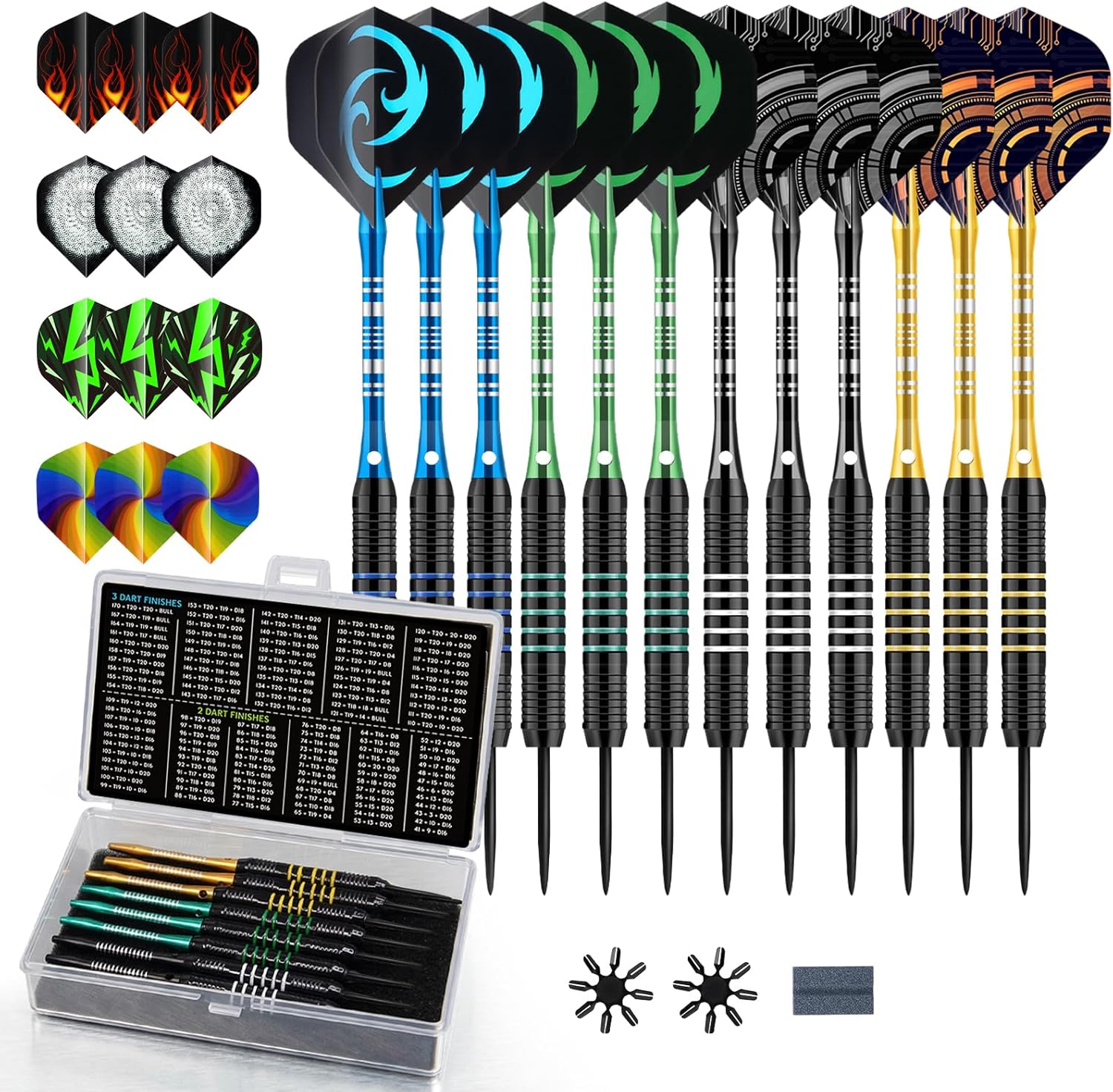 Darts 24g Steel Tip Darts Set 12 Pack – Professional Darts Metal tip Aluminum Shafts with Dart Sharpener, Darts Flights & Protectors for Bristle Dart Boards for Adults