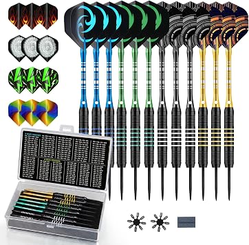 Darts 24g Steel Tip Darts Set 12 Pack Professional Darts Metal tip Aluminum Shafts with Dart Sharpener, Darts Flights & Protectors for Bristle Dart Boards for Adults