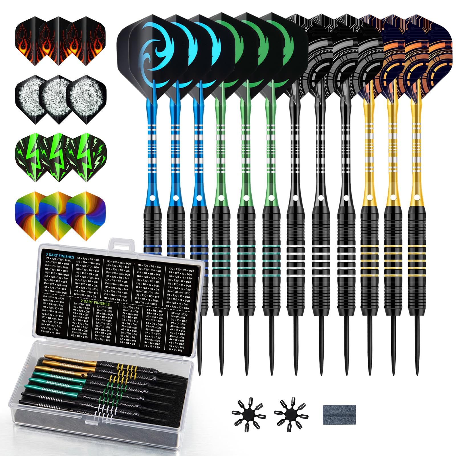 HUANQU 12 Pack Steel Tip Darts Set ，24g darts –with Aluminium Dart Stems 12 Extra Dart Flights，Flight Protectors, Dart Sharpener, Darts Accessories Kit with Darts Case, Beginner or Professional Darts