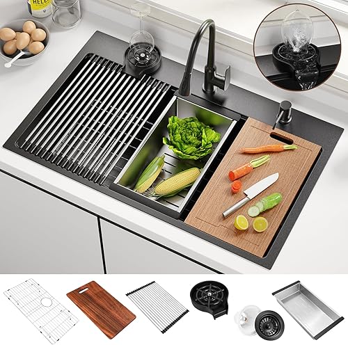 Fregadero de cocina de acero inoxidable de 33 x 22 pulgadas, fregadero de cocina de acero inoxidable calibre 16, fregadero de lujo con montaje