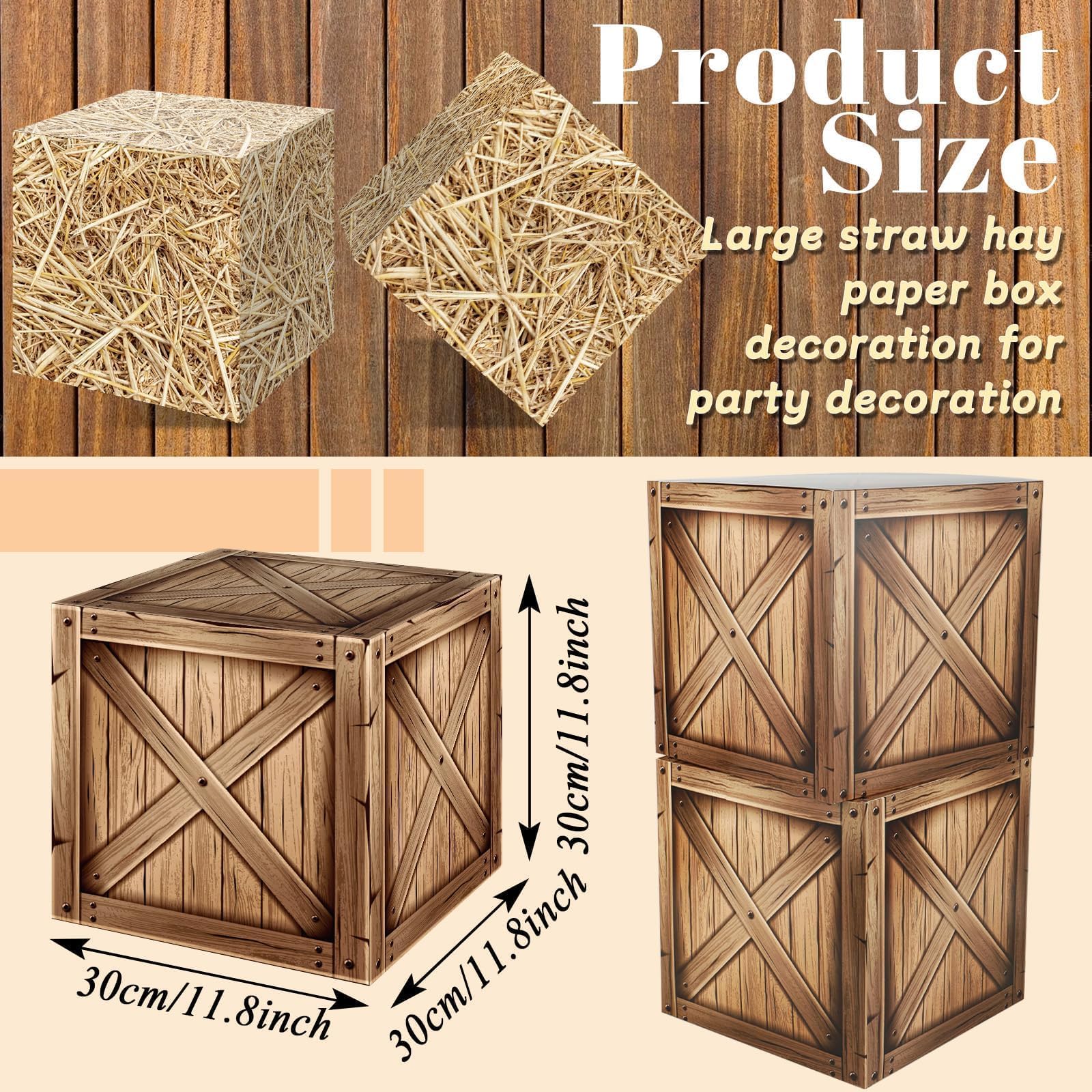 Naozinebi 6PCS Hay Bales Boxes Decor Fake Western Cowboy Party Decorations Large Farmhouse Car Photo Booth Props Wooden Grain Straw for Rodeo Birthday Baby Shower Favors Supplies