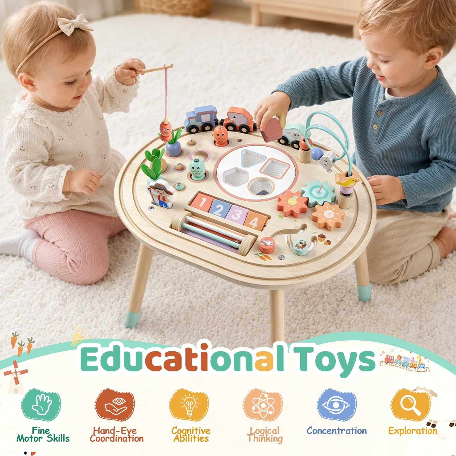 10 in 1 Montessori Spielzeug – Aktivitätstisch aus Holz ab 1 Jahr | Motoriktisch Motorikspielzeug Spieltisch für Motorikschleife, Montessori Lernspielzeug für Kinder ab 18 Monaten