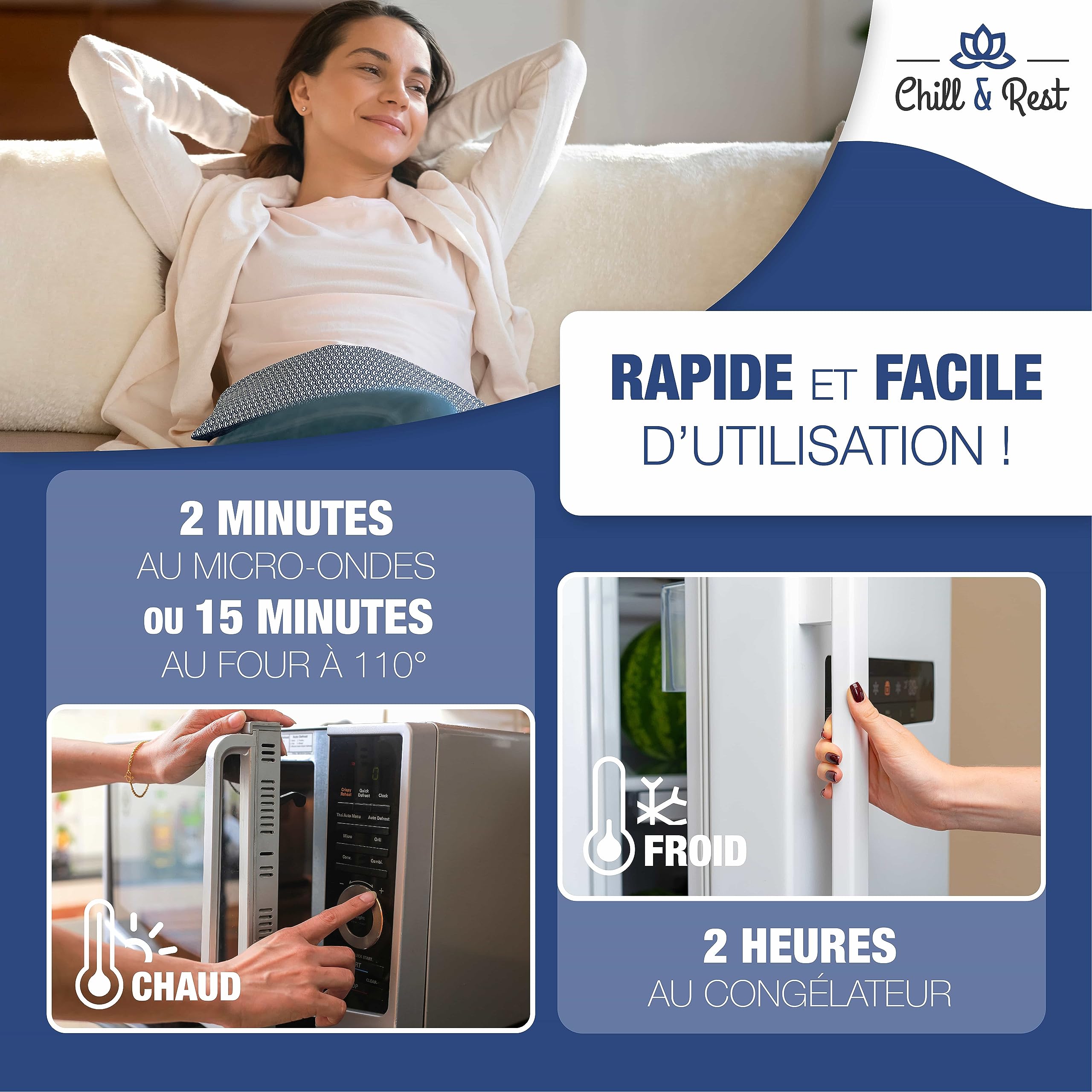 Chill&Rest - Bouillotte micro-onde fabriquée en France - Coussin chauffant micro onde - Bouillotte nuque et dos - Poche de froid - Chauffe cou - Idee cadeau homme - Bleu - La Segaiha