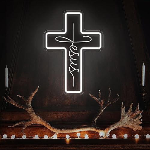 Miniatura 8 de Letreros de neón con cruz de Jesús, decoración de pared LED para dormitorio, sala de estar, bodas, letrero de luz regulable para decoración del