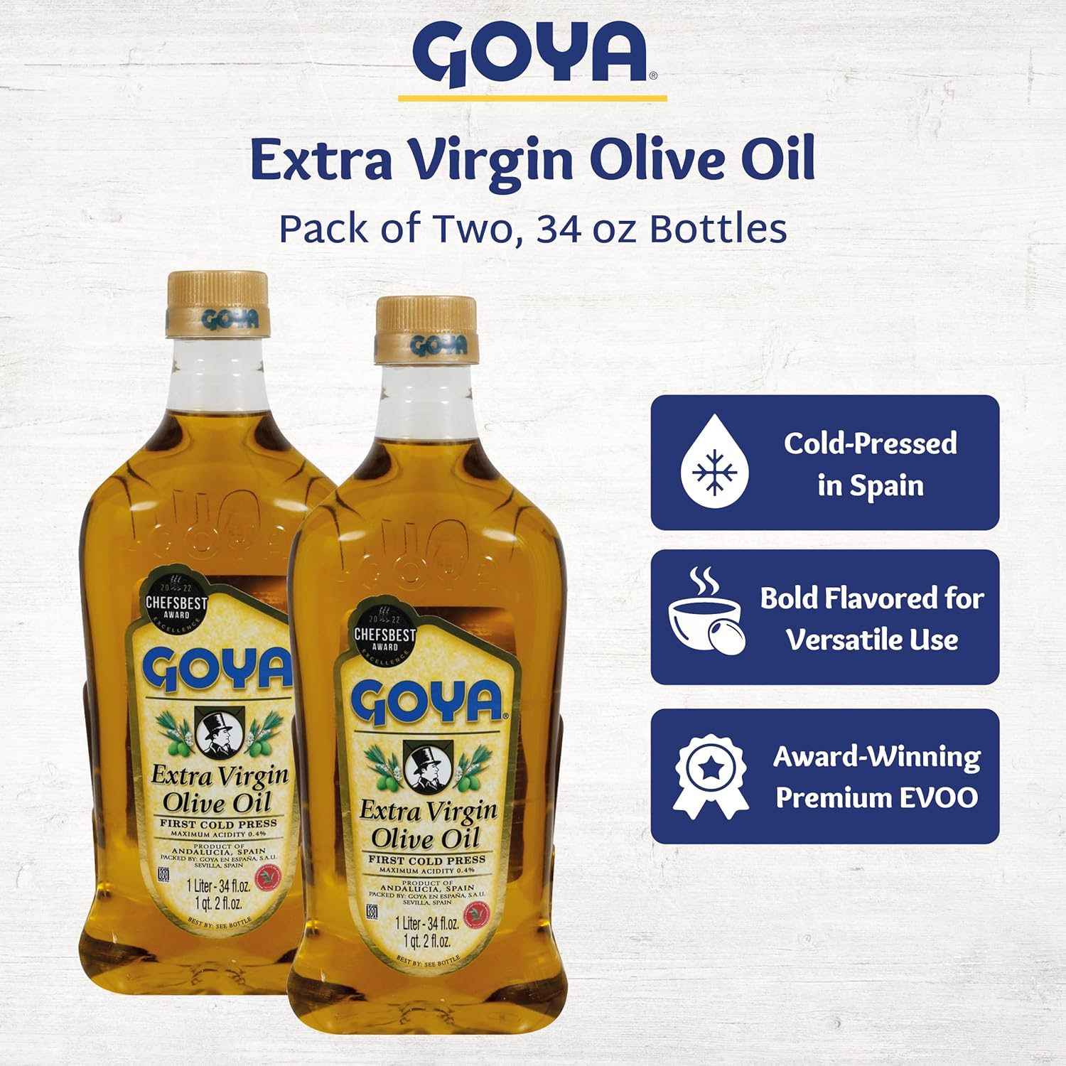 Extra Virgin Olive Oil by Goya, Cold Pressed, Evoo Extra Virgin Olive Oil for Cooking, Polyphenol Rich Olive Oil, 17 fl oz. Bottle (Pack of 2)