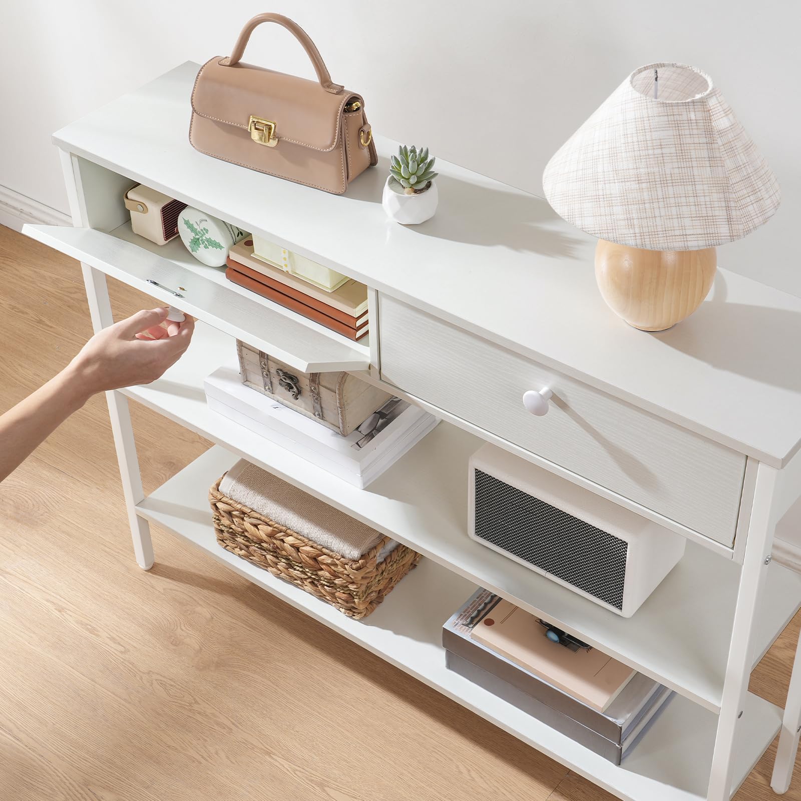 HOOBRO EWW32XG01 - Mesa consola con cajón y 2 estantes de almacenamiento, mesa de sofá con estructura de metal resistente, 100 x 24 x 80 cm, para entrada, pasillo, salón, color blanco
