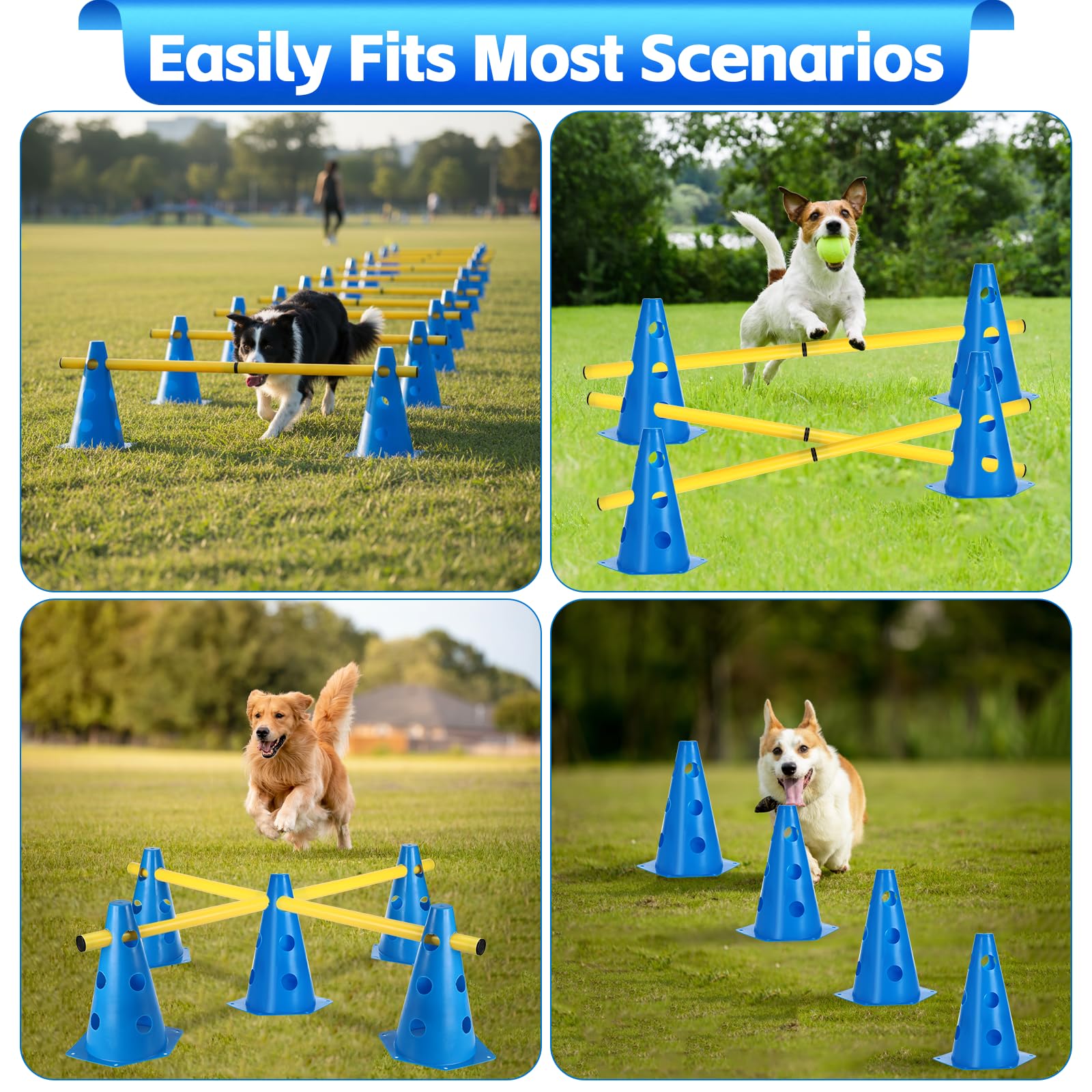 Agility Set Hunde Hürden Steckhürdenset,8 Kegel (24cm)+4 Stangen (81cm) ,Einstellbare Trainingshürden,Sports Steckhürden Set für Koordinationstraining,Hindernisparcours,Hundesport&Teamsport Fußball