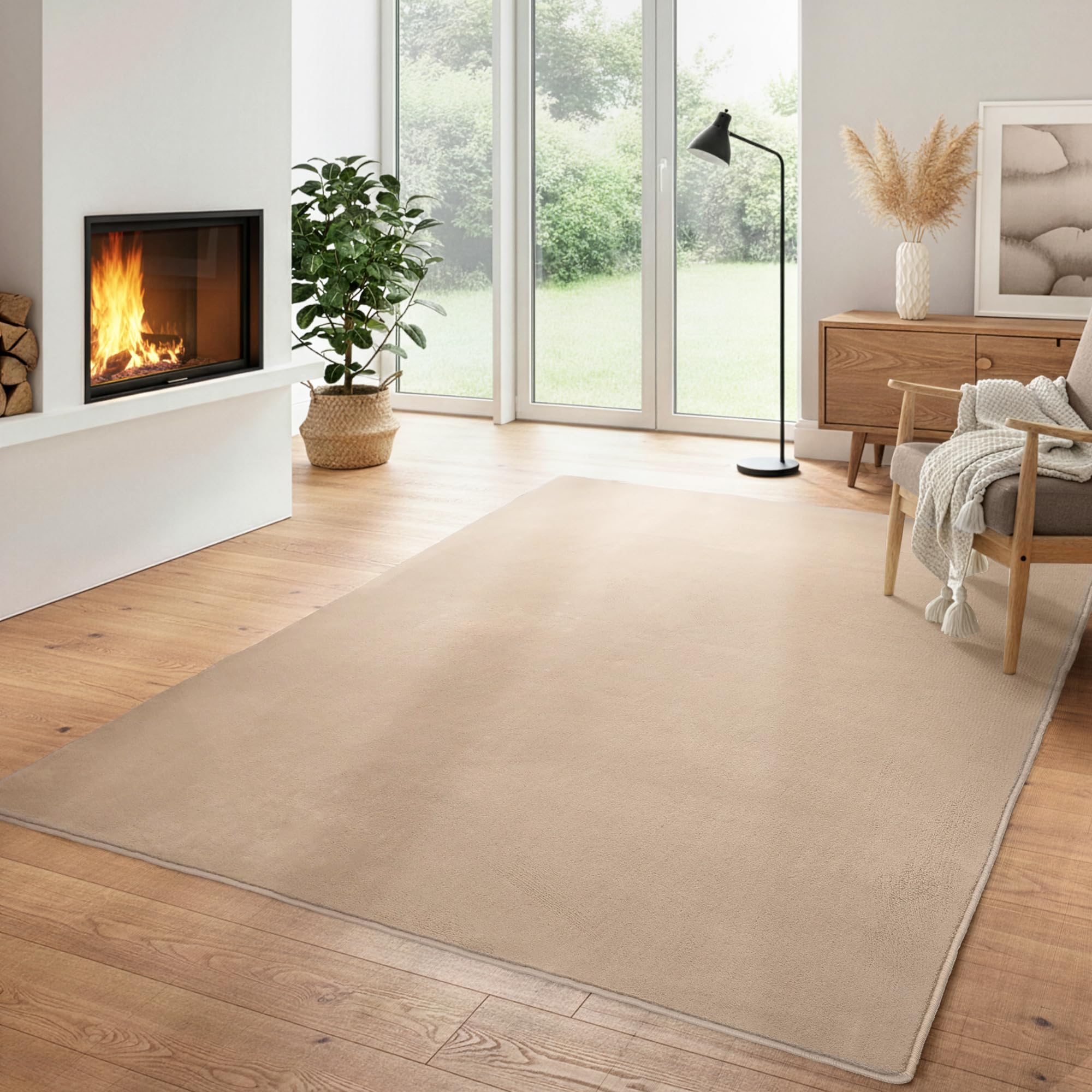 Einfarbiger Teppich Rund Wohnizmmer, Esszimmer, Schlafzimmer, Küchenteppich Waschbar Runder Teppich Beige Flauschig Kurzflor Carpet