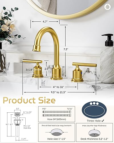 Miniatura 6 de WOWOW Grifo de baño dorado de 3 agujeros, grifo de lavabo de baño generalizado, grifo de lavabo de 2 manijas de latón con drenaje emergente, grifo