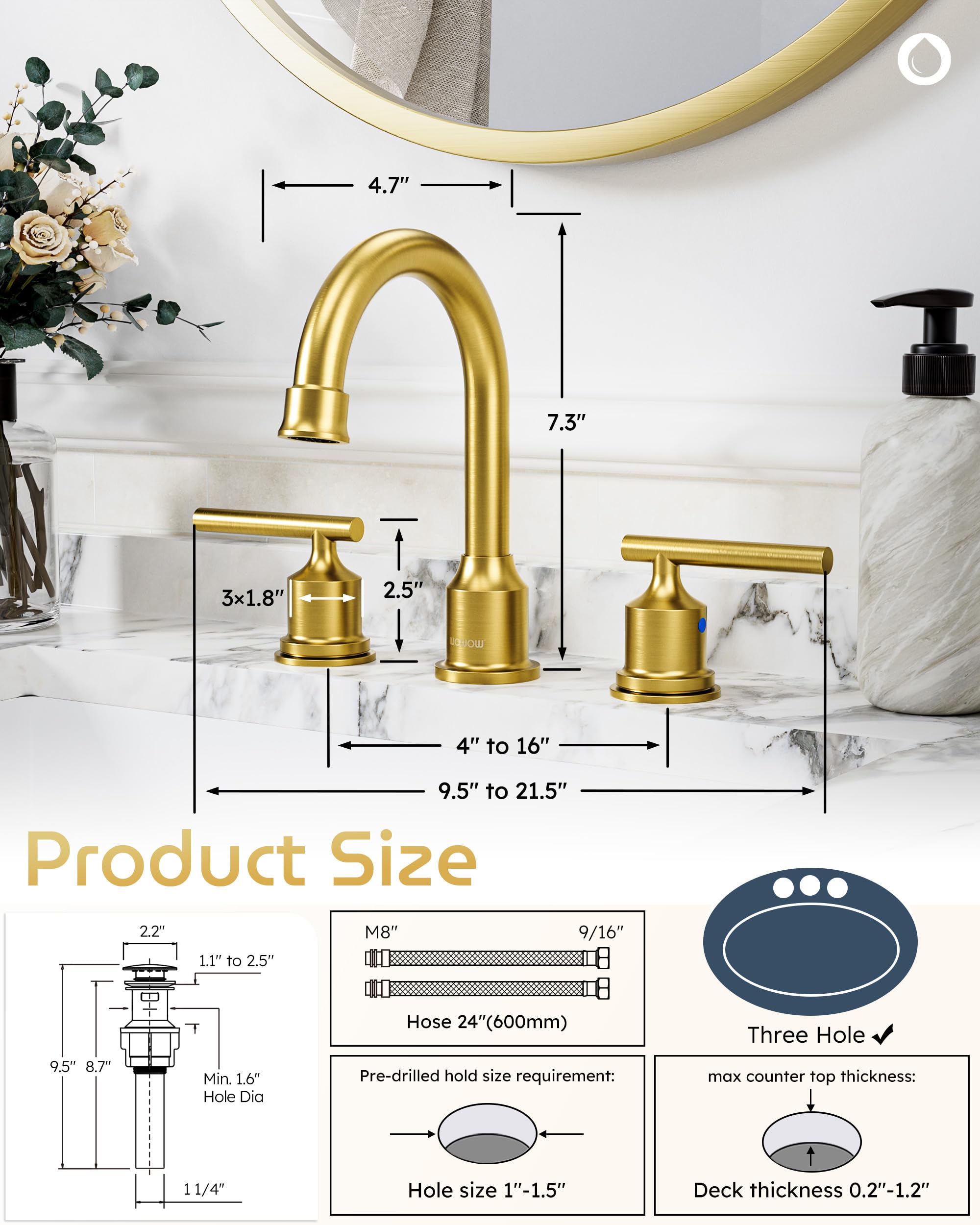 WOWOW Gold Bathroom Faucet 3 Hole Bathroom Sink Faucet Widespread Vanity Faucet 2 Handle Brass Basin Faucet with — view 6