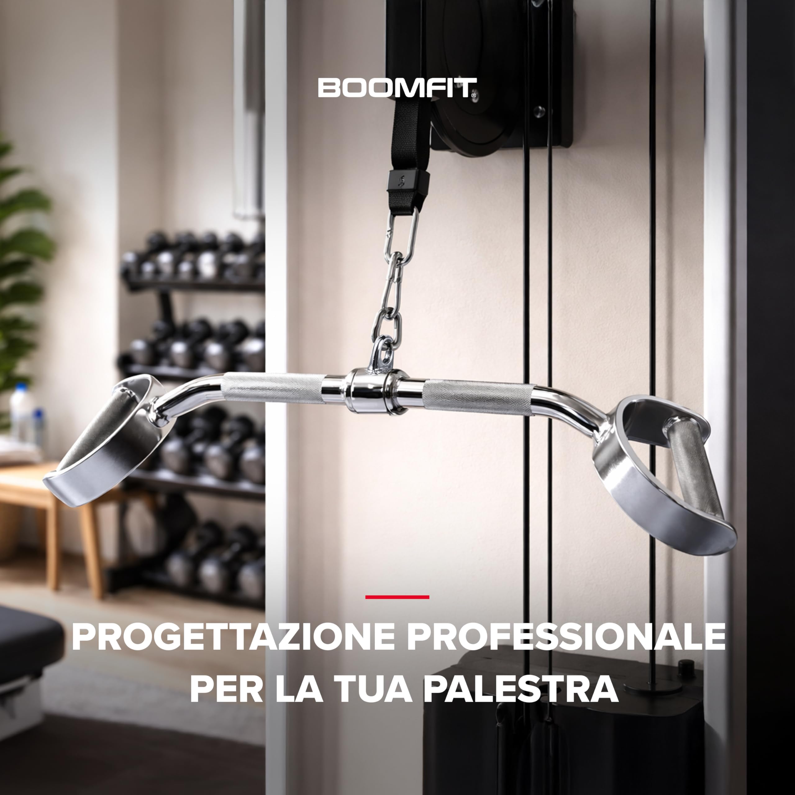 BOOMFIT Barre per LAT Machine e Pulldown in Acciaio Cromato | Presa Larga Media e Multi Posizione per Dorsali Ampi e Schiena | 5 Modelli da 49 a 120 cm con Moschettone Universale | Attacco a moschettone universale a cambio rapido, compatibile con qualsias