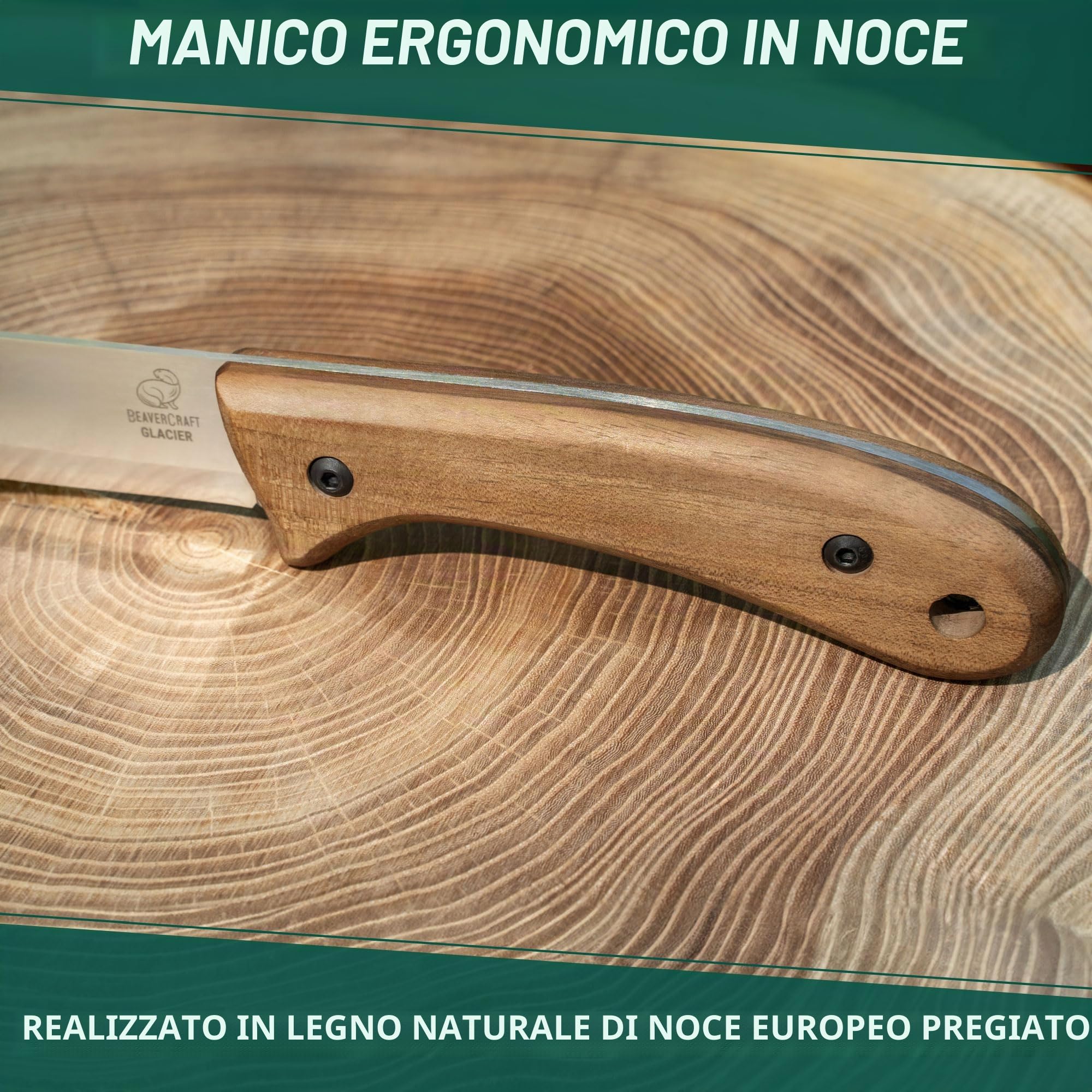 BeaverCraft Coltello da bushcraft Lama in acciaio Coltello a lama fissa con fodero in pelle Coltello da campeggio Coltello da sopravvivenza in acciaio al carbonio a codolo intero | BSH2 Glacier