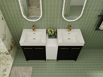 60 Black Freestanding Double Sink Bathroom Vanity Set, Modern Bathroom Vanity Set with White Thick Edged Resin Basin, Modern Bathroom Vanity with Combination Cabinet for Bathroom