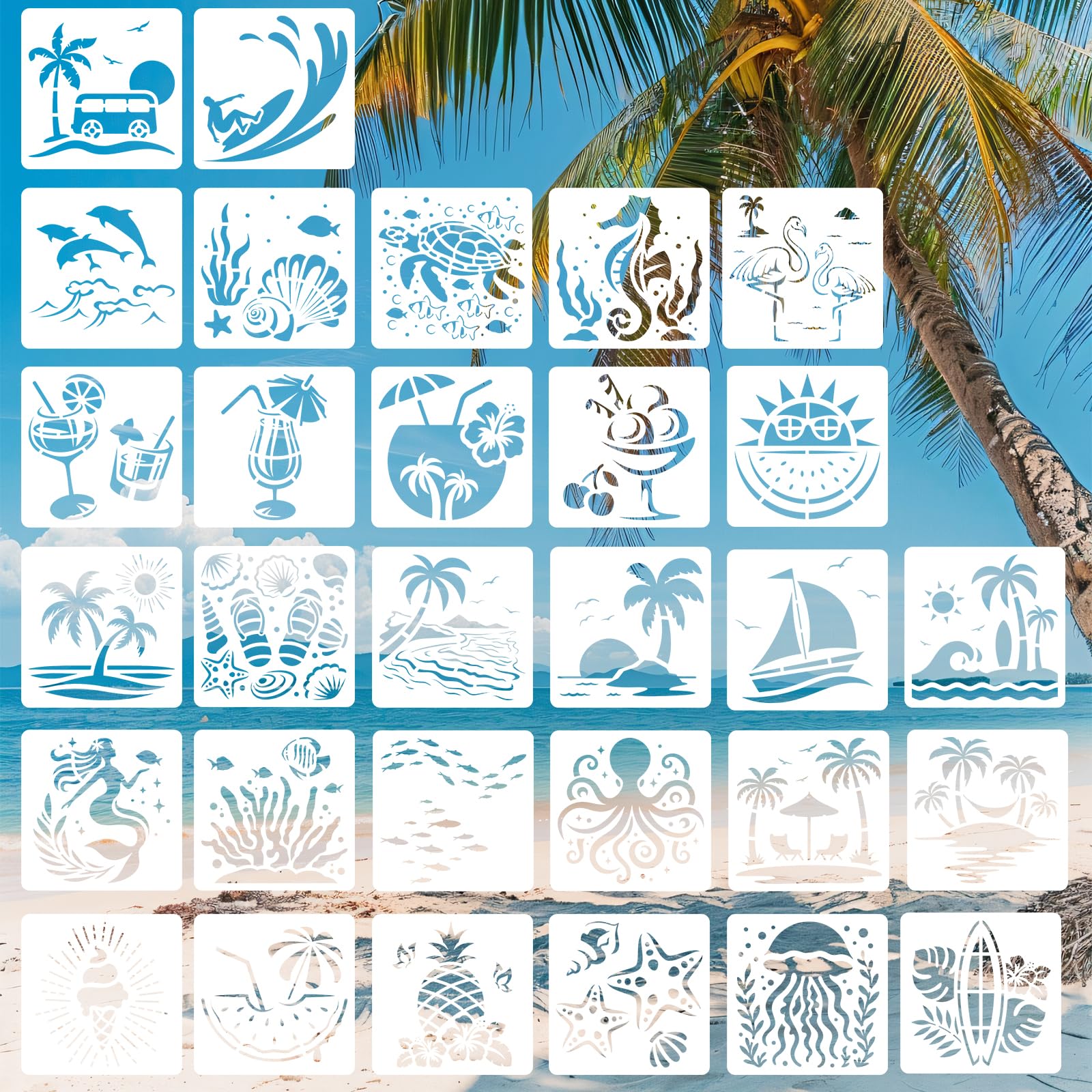 30pcs Summer Painting Stencils, 5x5in Reusable Ocean & Beach Stencils for Wood Rock Canvas Crafts DIY Art Projects with Tropical Themed Sea Life &