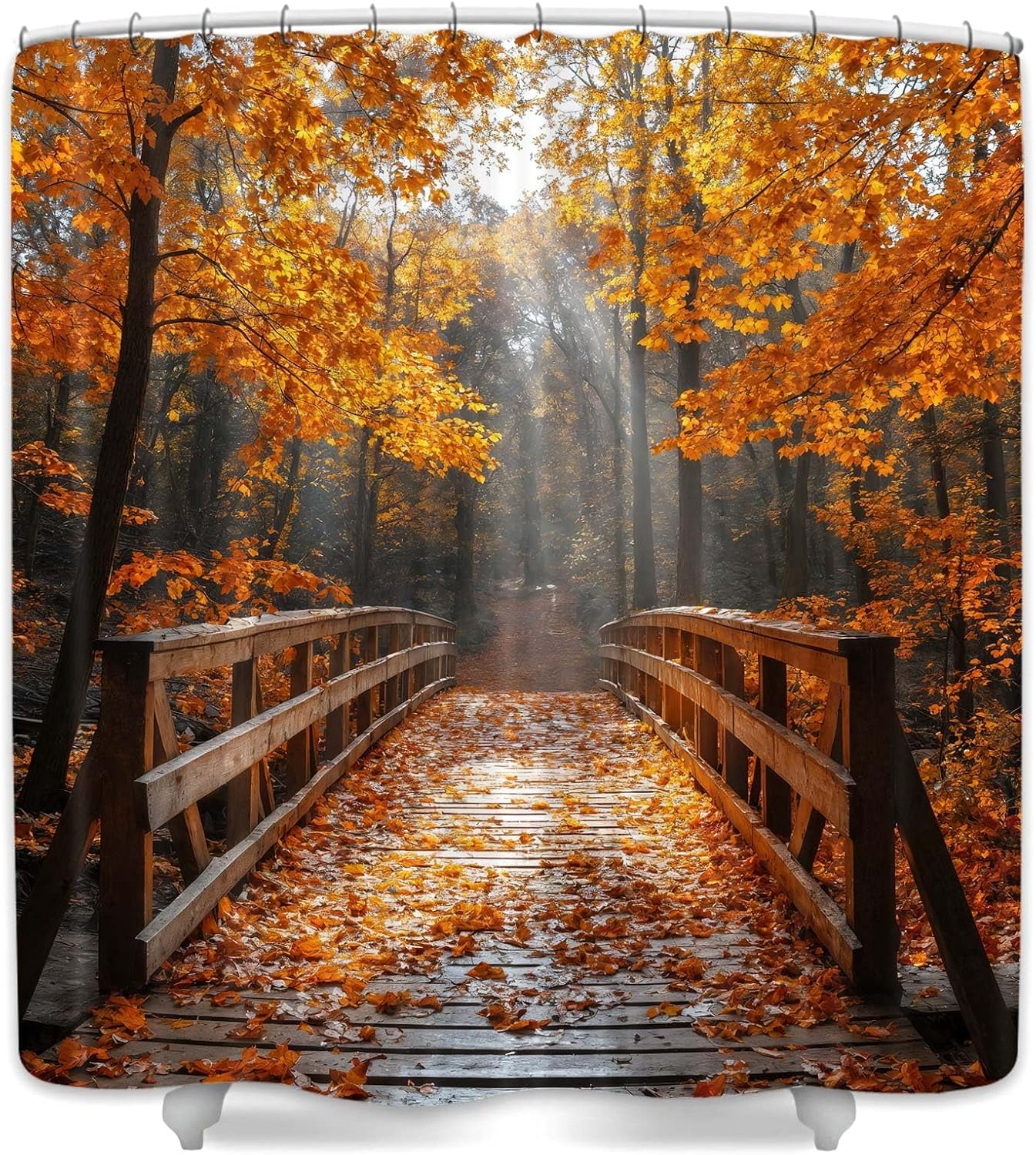 JAWO Fall Forest Shower Curtain, Nature Autumn Fall Season Scene Yellow Maple Tree Leaves Fabric Shower Curtains for Bathroom Decor with Hooks,72x84IN