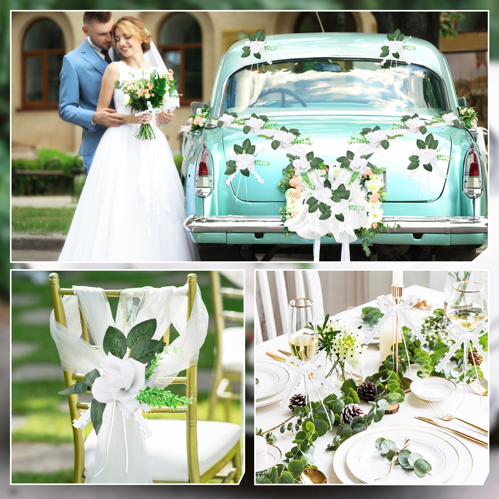 Nœuds de voiture - Décoration de mariage - Blanc - Décoration de voiture Just Married - Nœuds de Noël - Nœuds de mariage - Nœuds d'antenne - Pour décoration de table de mariage, anniversaire