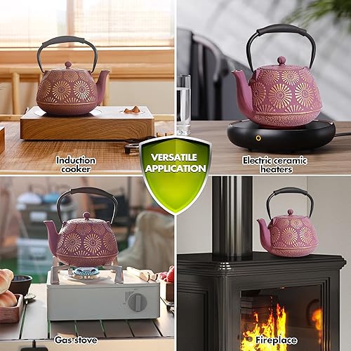 Miniatura 6 de Tetera de hierro fundido, hervidor de té de 40 onzas con infusor para estufa, tetera japonesa de diseño Sakura para hojas sueltas revestidas con