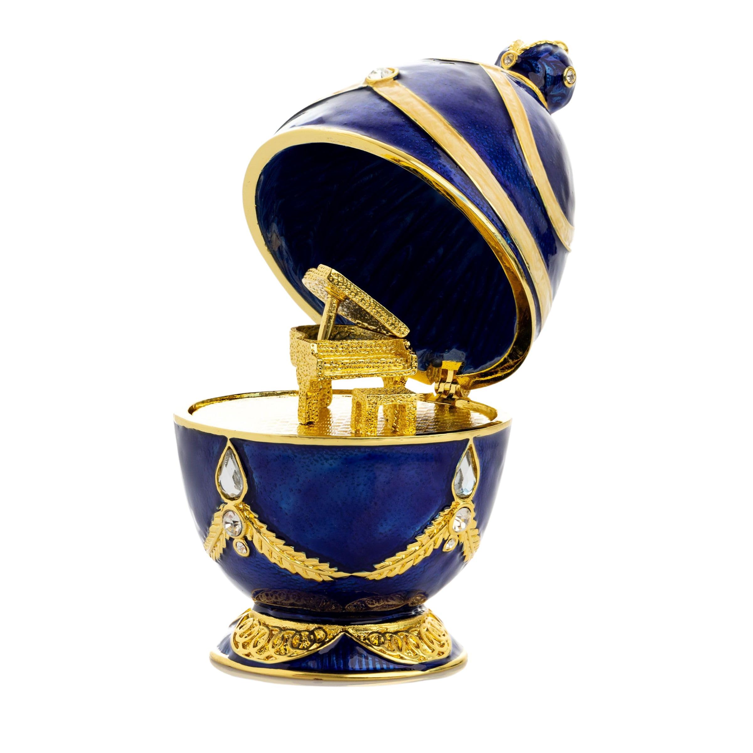 Keren Kopal Huevo de Fabergé azul con piano dorado, caja sorpresa hecha a mano, regalo para pianista