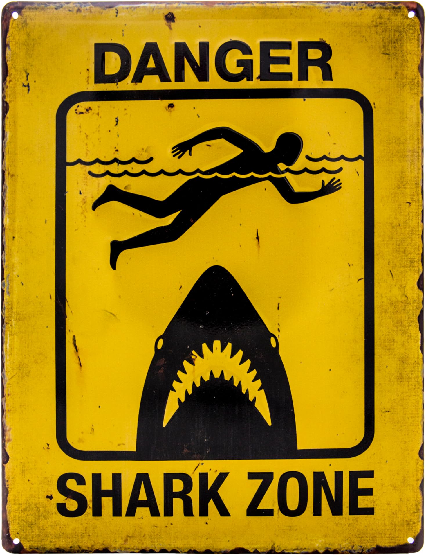 Großes 40 x 30 cm Hinweis Pool Schild Blechschild lustiger Spruch: Vorsicht Hai - Schwimmen auf eigene Gefahr