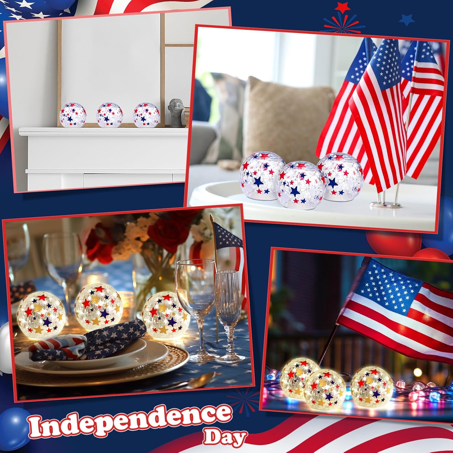 Rossesay 3 Pcs 4th of July Decorative Lights, 3.94 Inch Crackle Glass Star LED Globe Lights, Battery Operated Patriotic Lamp for Party Outdoor Garden Patio Indoor Independence Day Gifts Home Decor
