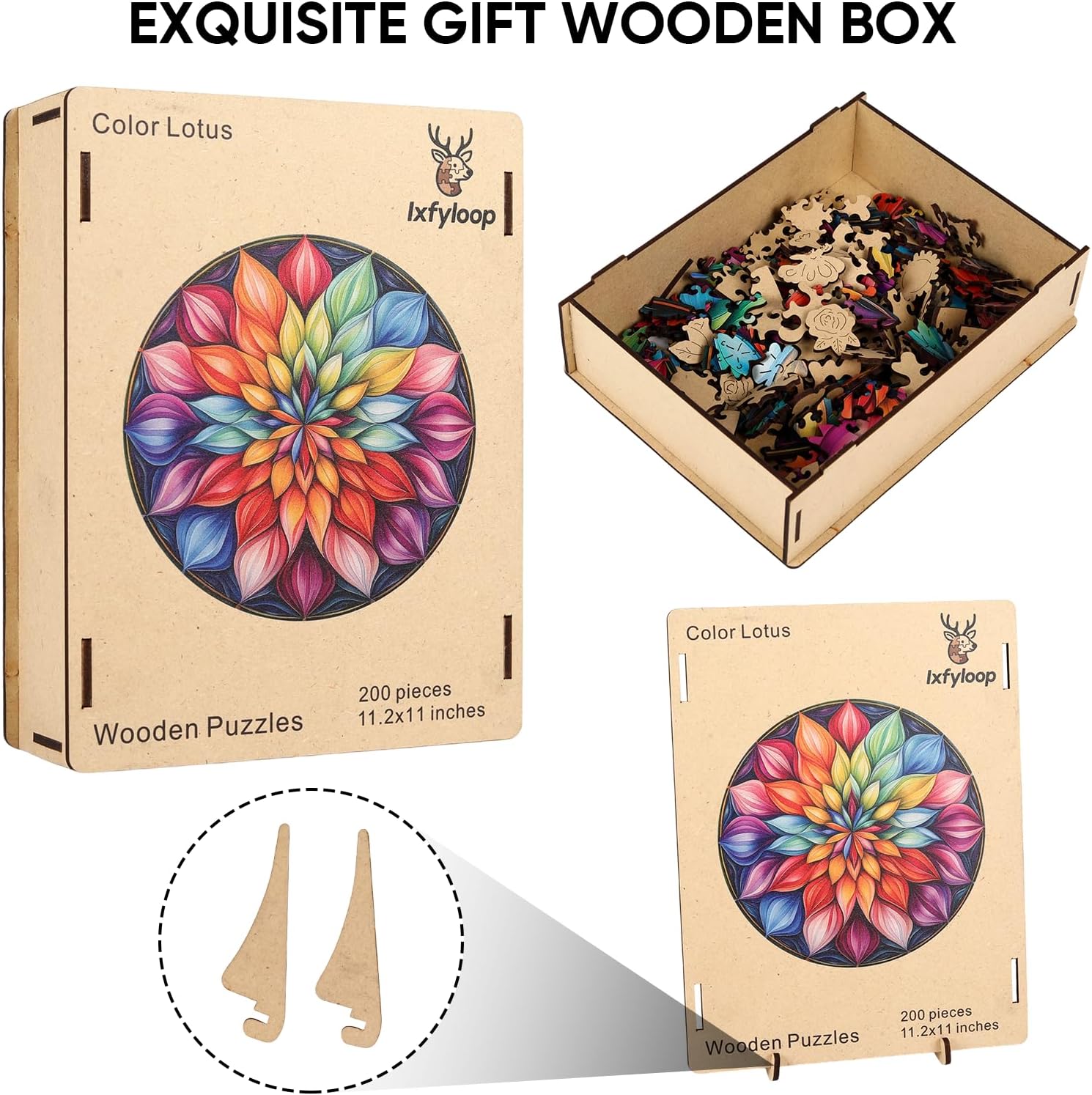 Ixfyloop Mandala Puzzles for Adults, Wooden Puzzles for Adults, Wood Puzzles Adult Unique Shaped Lotus Puzzle 200 Pieces, Wooden Jigsaw Puzzles for Adults Birthday Gift 10.9x11.2in