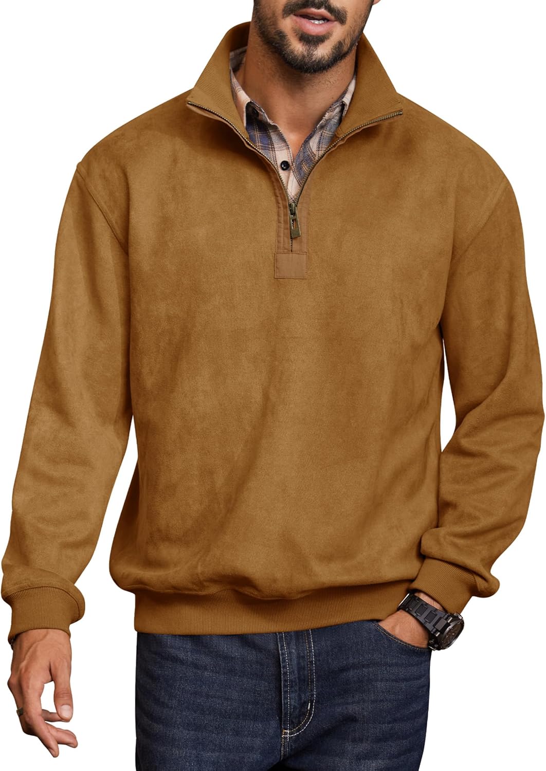 Mens Western Quarter Zip Pullover Midweight Mock Neck Suede Fabric Casual Sweatshir...