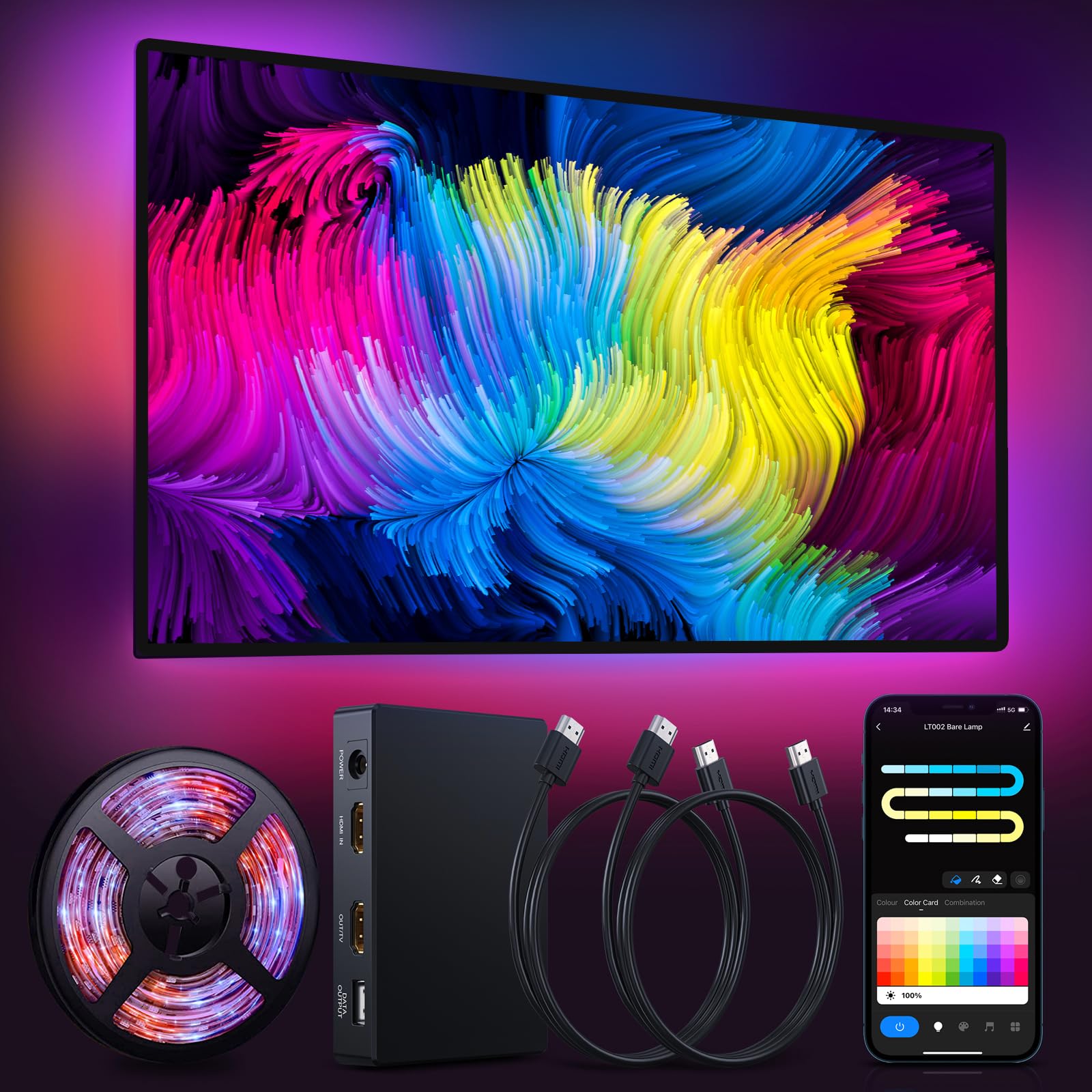 Sophon-Rétroéclairage LED Immersif pour TV avec Boîtier de Synchronisation HDMI 2.0, Compatible 55-65 Pouces et Consoles, Contrôle Intelligent et Synchronisation Audio (3.5M)