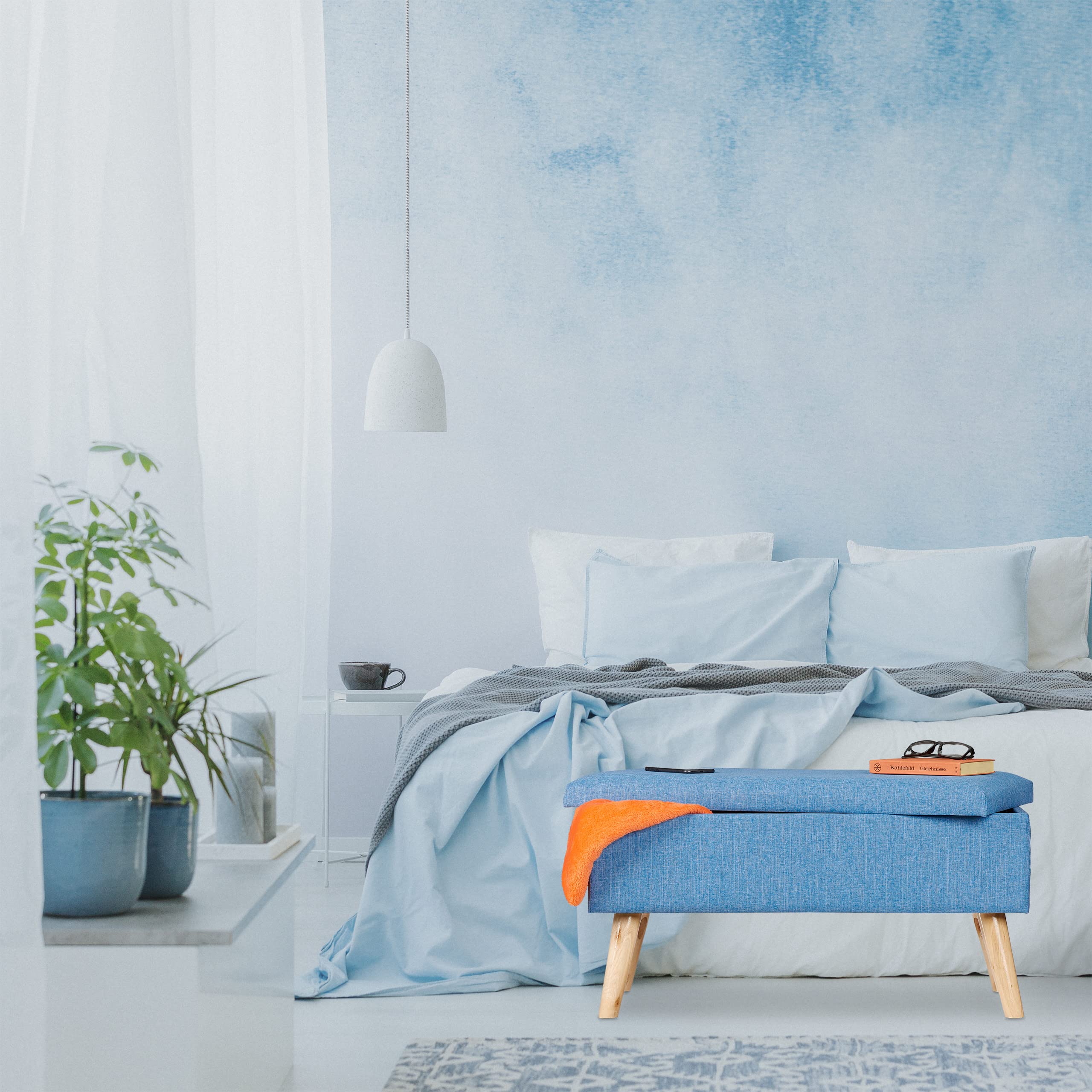 Relaxdays Banc de Rangement, rembourré, Pieds Bois, Banquette, Coffre avec revêtement Tissu HxLxP:39 x77x 39cm,Bleu