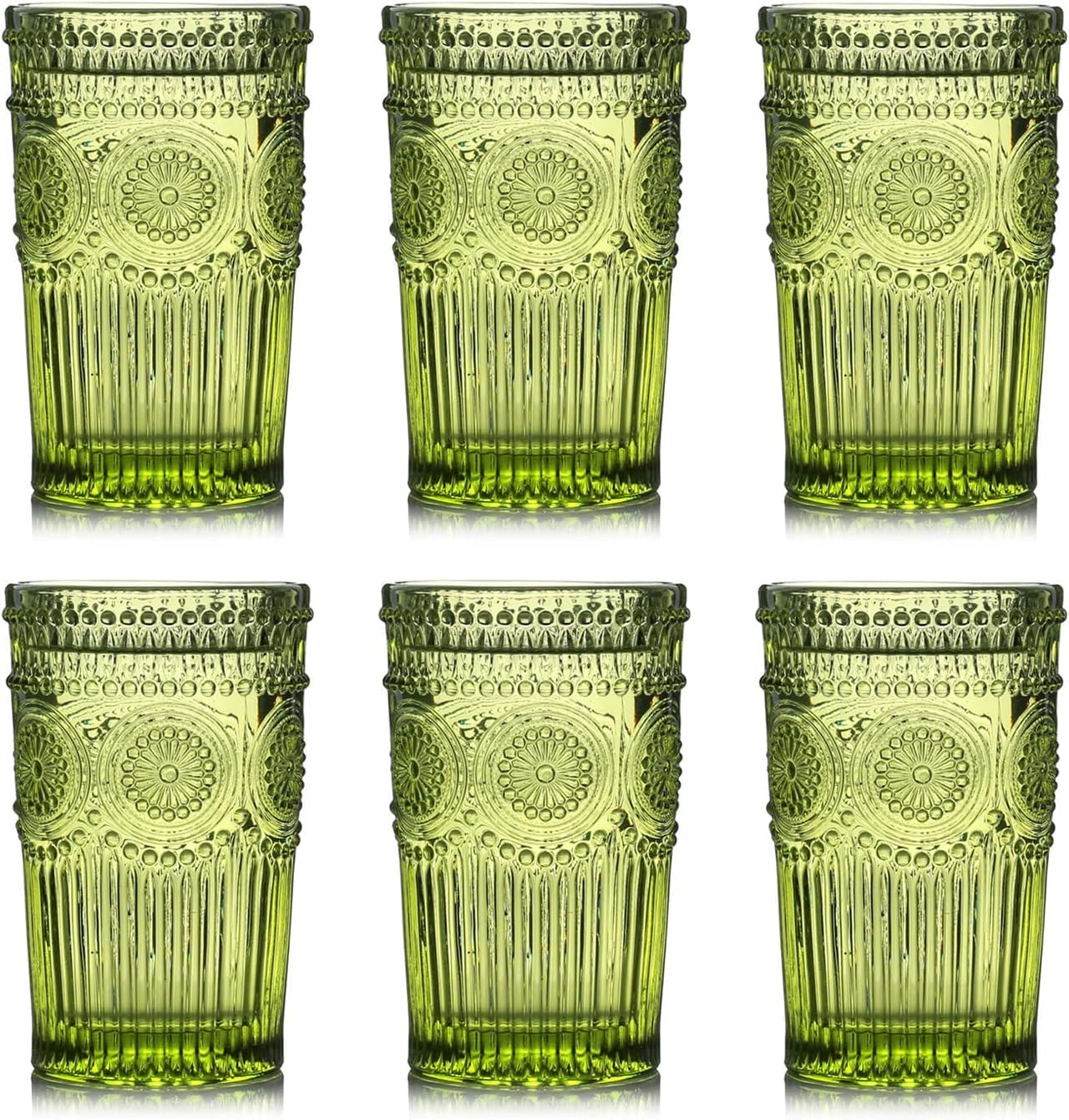 Kingrol 6 Pack 12 oz Vintage Drinking Glasses, Embossed Romantic Water Glassware, Glass Tumbler Set for Juice, Beverages, Beer, Cocktail (Green)