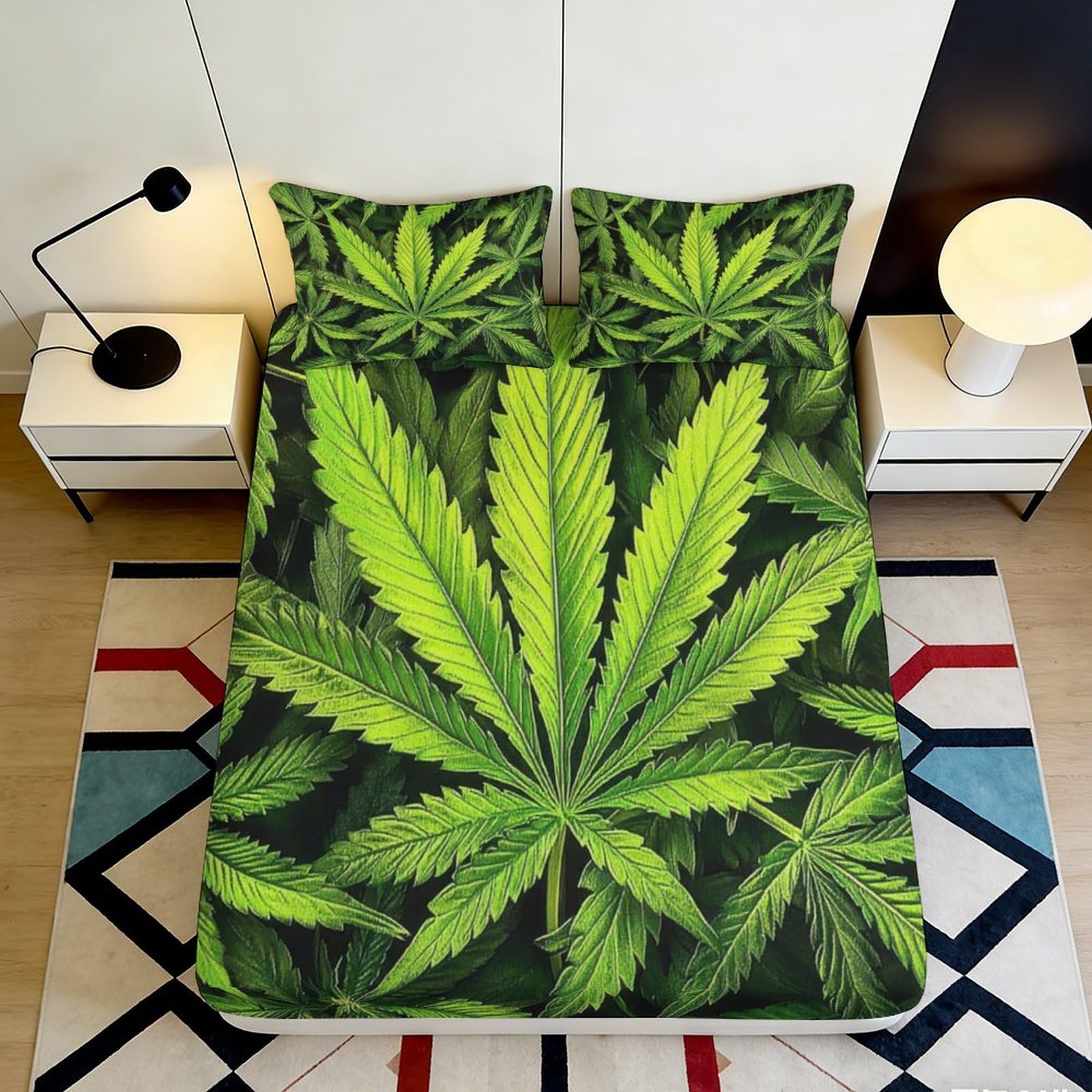 3D Printed Cannabis Leaf Fitted Sheet Microfiber Green Botanical Marijuana Bed Cover for Bedroom Guest Room Decor Mattress Protection 90x200x25cm