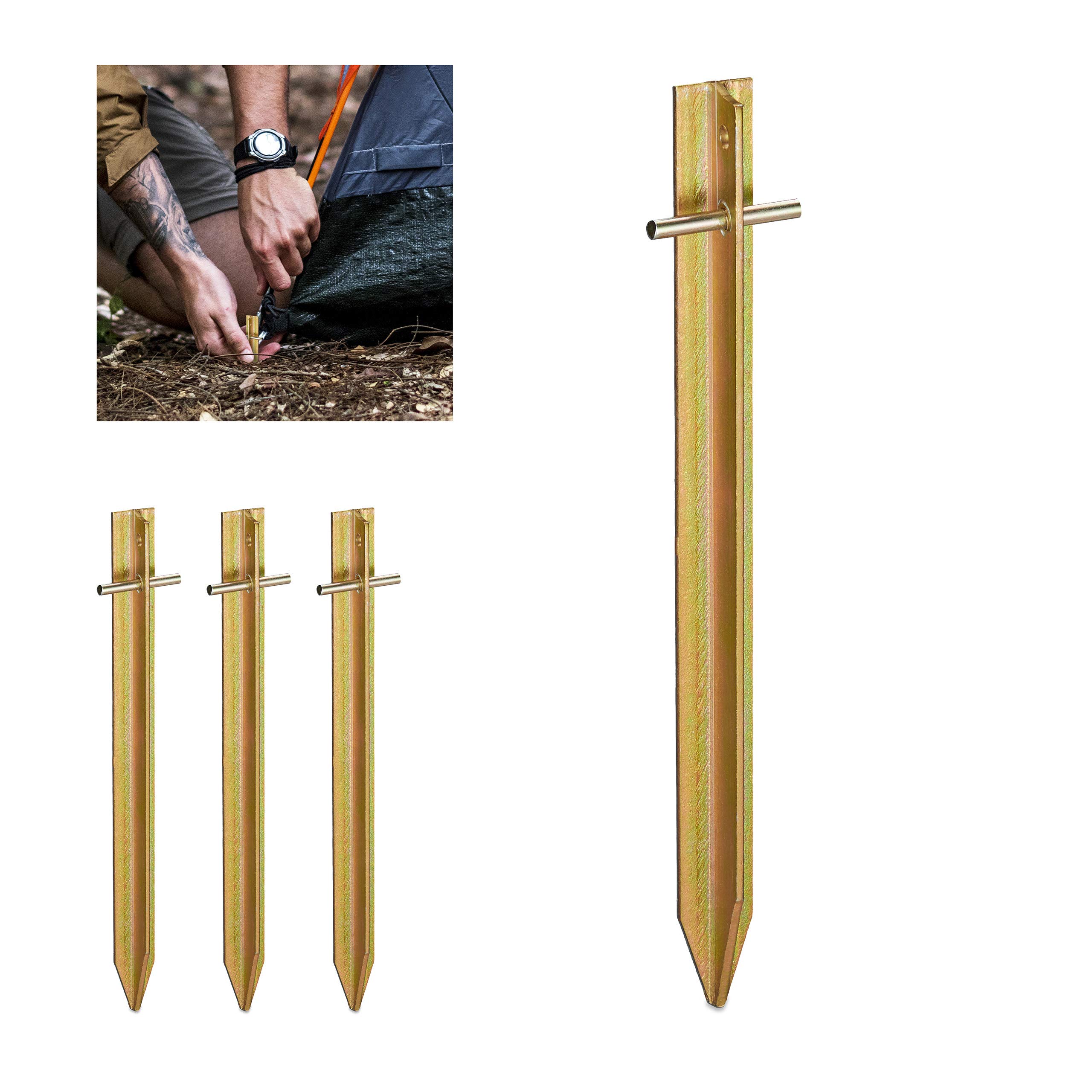 Relaxdays Heringe, Stahl, T-Profil, 30 cm lang, Öse, 4er Set Zeltheringe, stabil, schlagfest, Camping und Garten, Gold