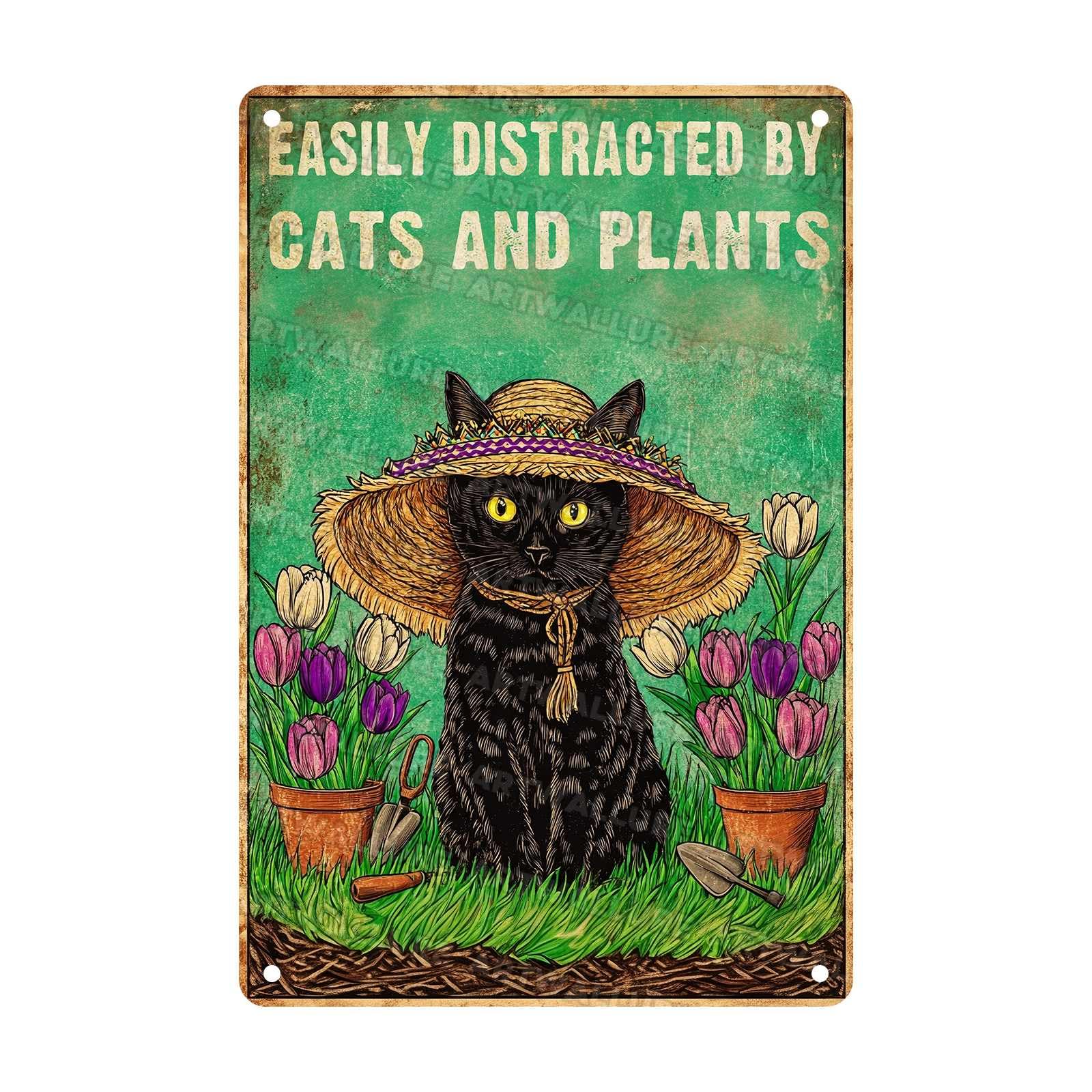 Cat Garden Sign Vintage Metal Wall Art Easily Distracted By Cats And Plants for House Decor Cabin Decor 8x12Inch