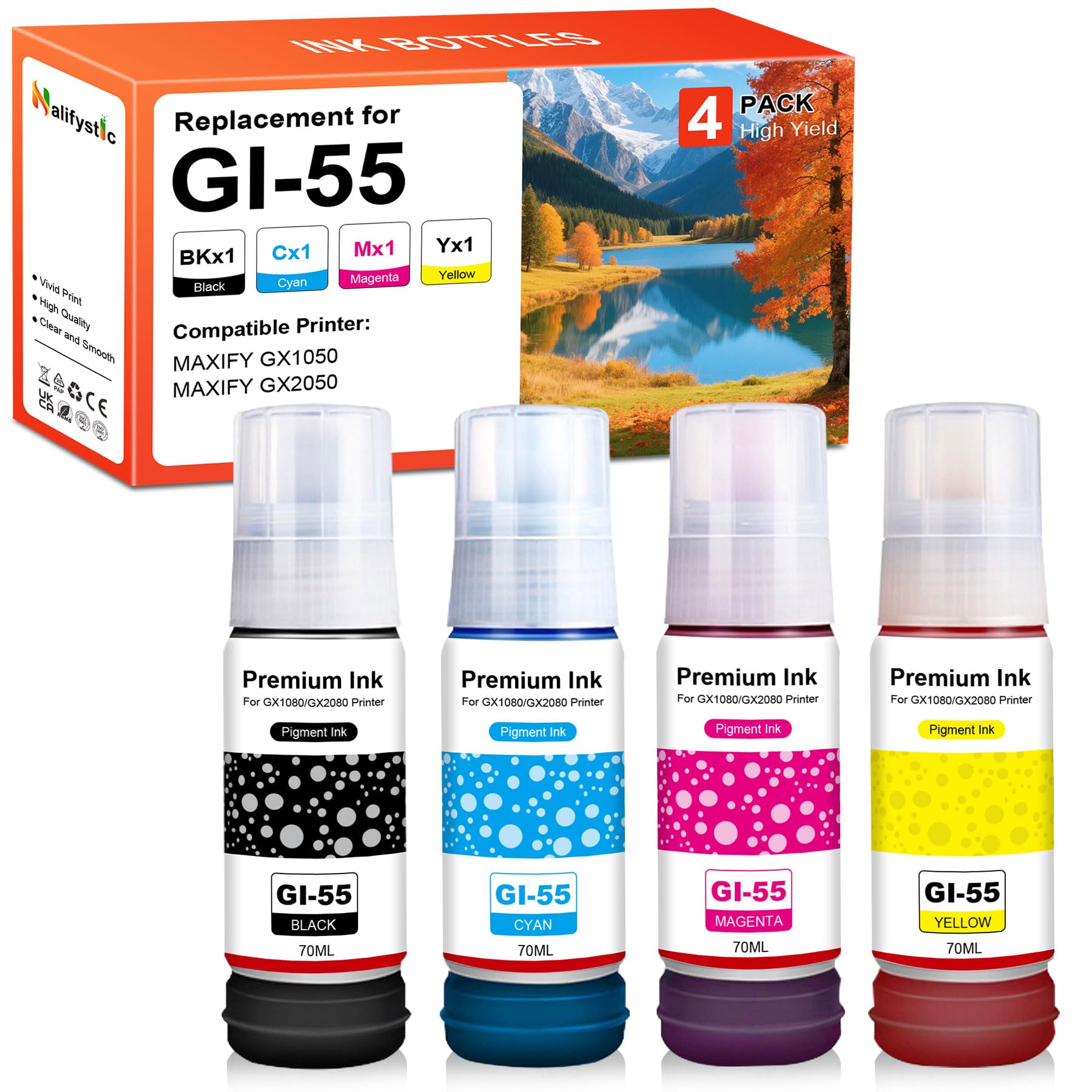 GI-55 GI55 GI 55 Tinte Kompatibel mit CAN GI-55BK GI-55C GI-55M GI-55Y mit Maxify GX1050 GX2050 GX1080 GX2080 Multipack Drucker (4Stück,Schwarz,Cyan,Magenta,Gelb)