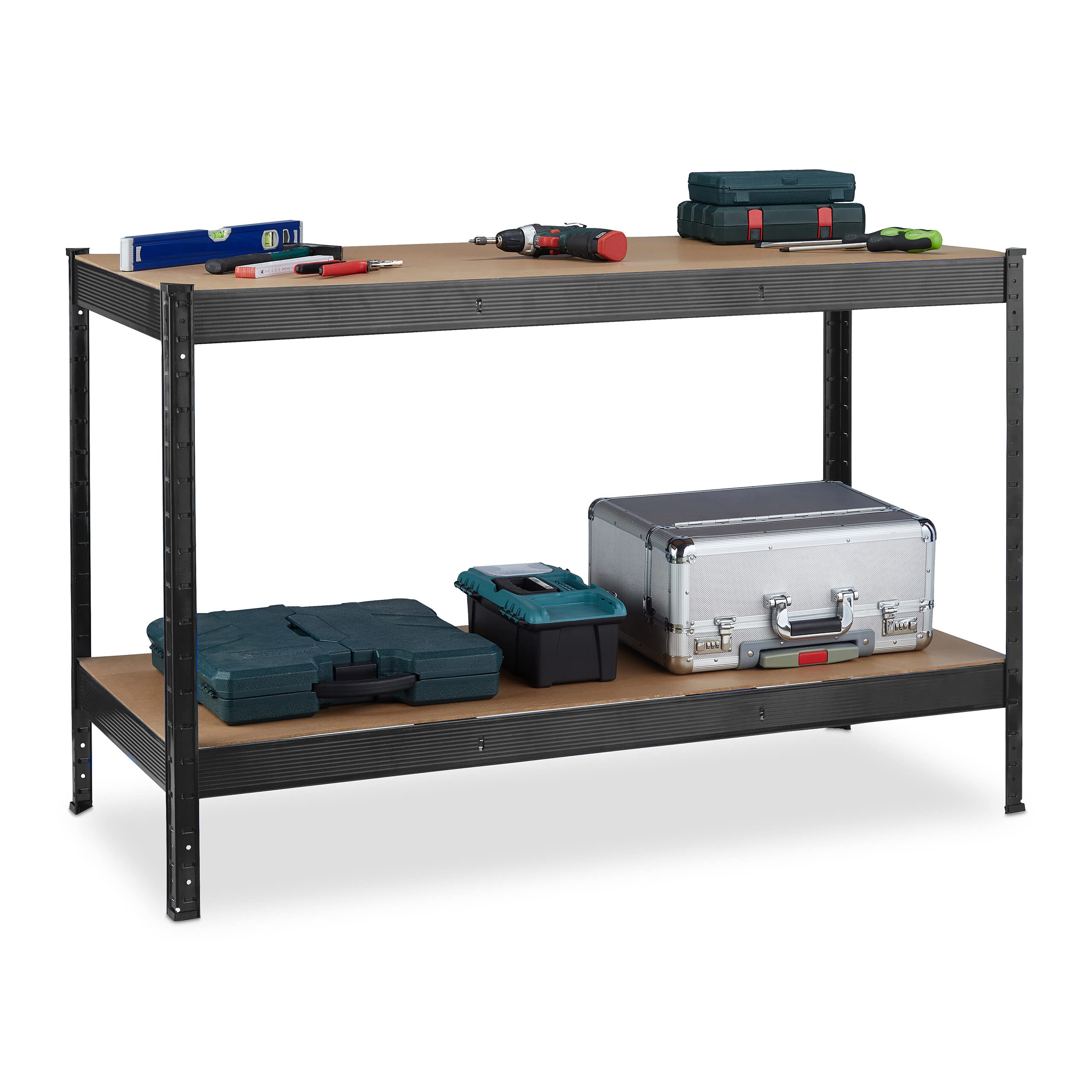 Relaxdays Banco da Lavoro Officina, Tavolo da Garage, 2 Scaffali, Altezza Regolabile, Acciaio e MDF, 91x141x61 cm, Nero