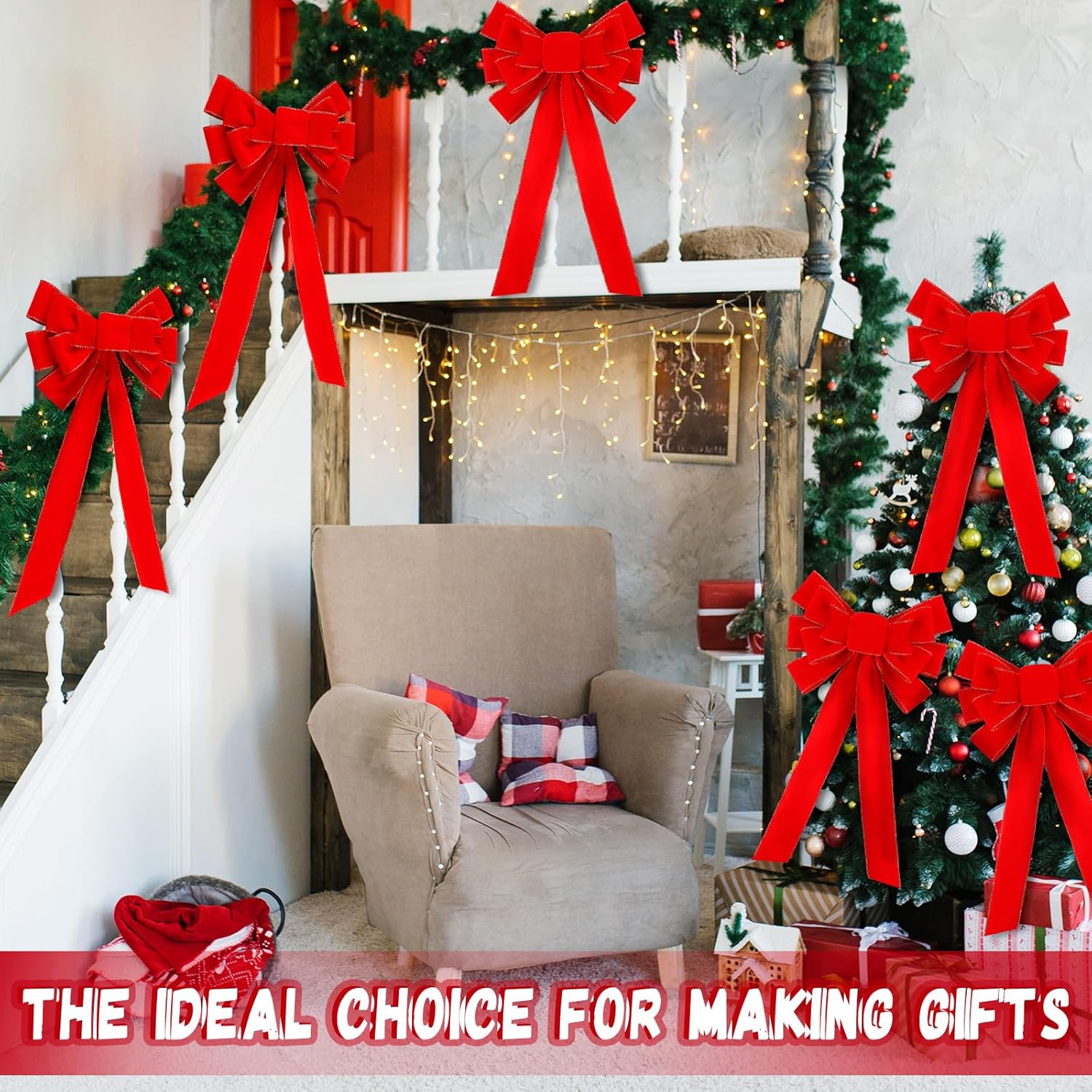 Riceshoot 12 Pcs Red Christmas Bows Outdoor Decorations, 12" x 24" Large Christmas Tree Topper Bow, Velvet Wreath Bow with Glitter Gold Edge for Xmas Home Front Door Decor