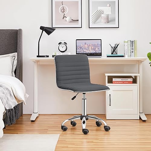 Miniatura 9 de Yaheetech 2 sillas de terciopelo con respaldo bajo, silla de escritorio giratoria sin brazos, silla de trabajo acanalada con soporte lumbar, ruedas