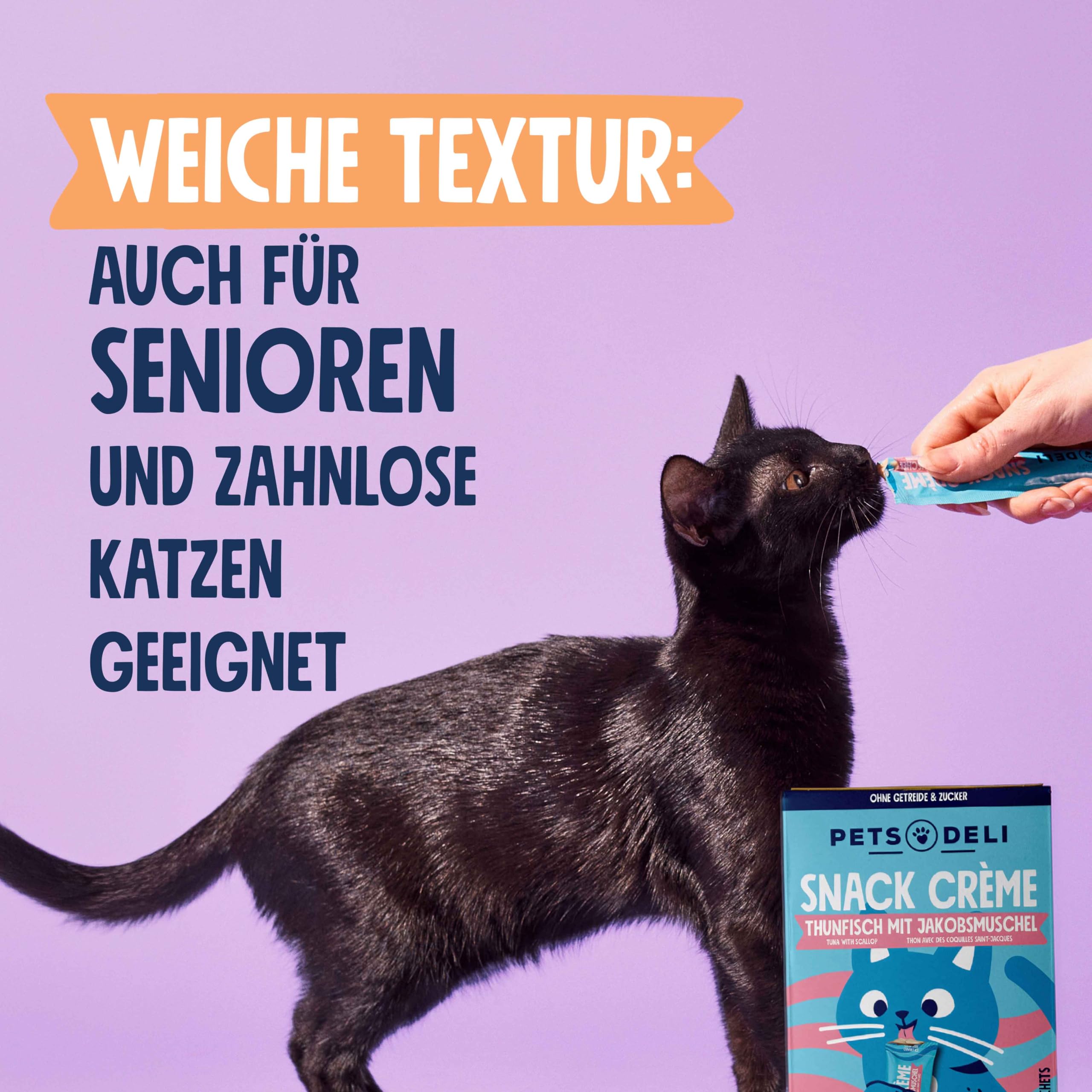 Pets Deli Cremesnack Katzen Snack Thunfisch & Jakobsmuschel, Topping & Belohnung, für wählerische Katzen, getreidefrei, Ohne Zucker, 8x90g, Premium Qualität