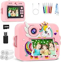 Câmera Infantil, Portátil Digital, Pode Selfie com 32GB Cartão, Papel Fotográfico, Canetas Coloridas, Vídeo HD, Brinquedos Meninas Meninos com Crianças de 3 a 14 Anos （Rosa）